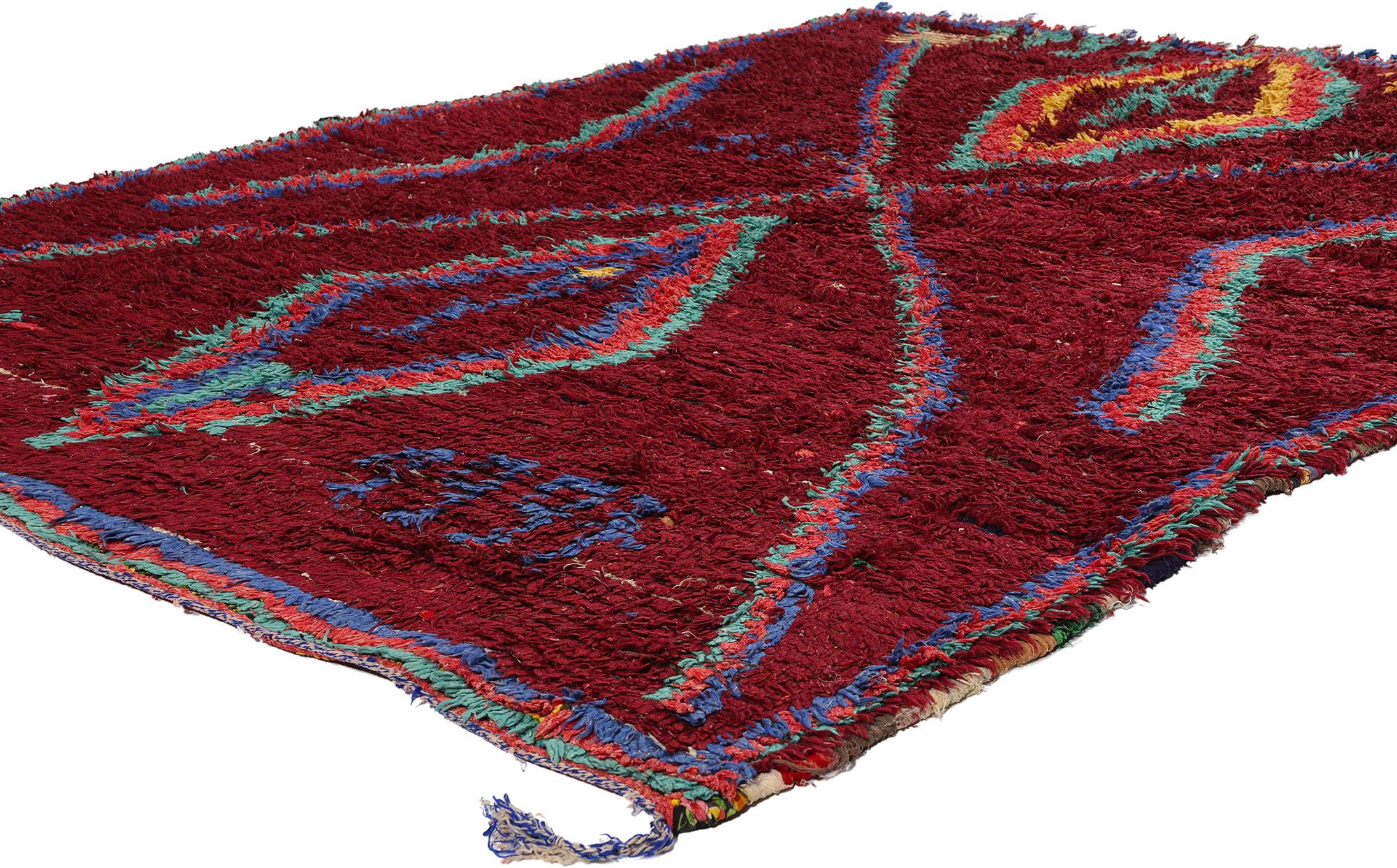 21820 Vintage Boucherouite Boujad Moroccan Rag Rug, 05'04 x 07'00. Immerse yourself in the vibrant essence of Boujad Boucherouite rugs, originating from the dynamic city of Boujad in the Khouribga region. These Moroccan rugs are renowned for their