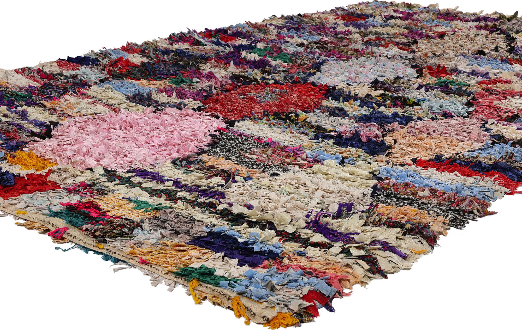 21786 Vintage Boucherouite Boujad Moroccan Rag Rug, 05'04 x 08'11. The Boujad rag rug, or Boujad Boucherouite rug, encapsulates the essence of sustainable craftsmanship, originating from the Boujad region in the Khouribga province of Morocco.