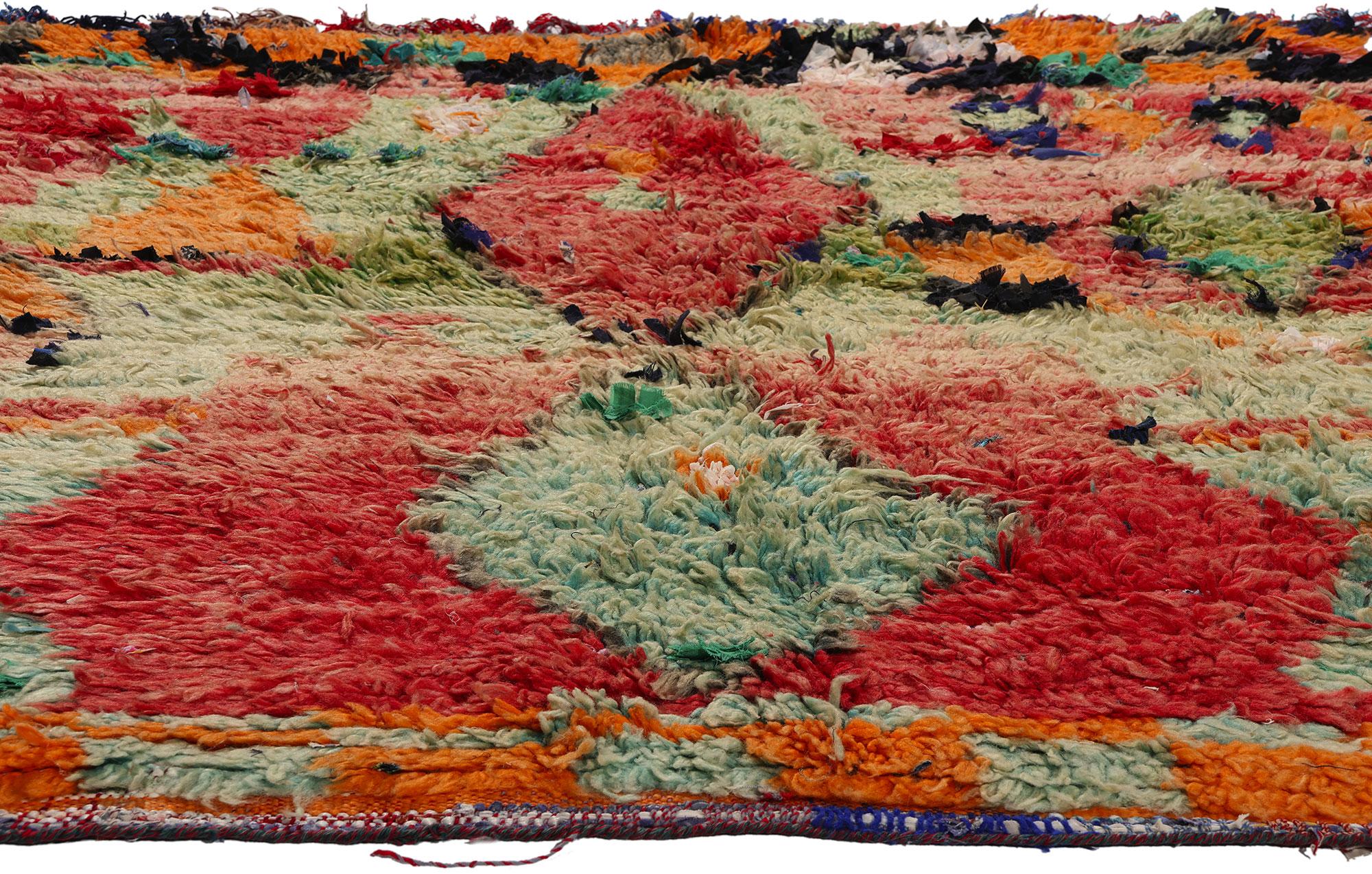 Bohemian Vintage Boucherouite Boujad Moroccan Rag Rug, Sustainability Meets Cozy Nomad For Sale