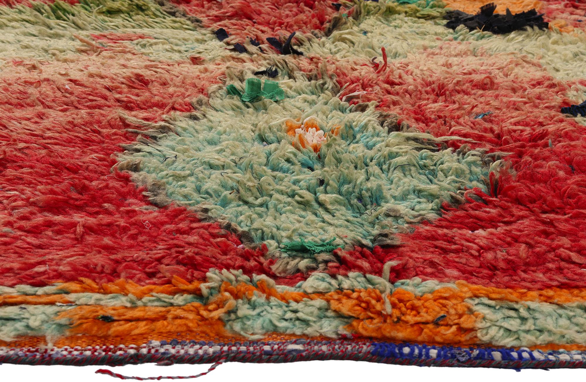 Hand-Knotted Vintage Boucherouite Boujad Moroccan Rag Rug, Sustainability Meets Cozy Nomad For Sale