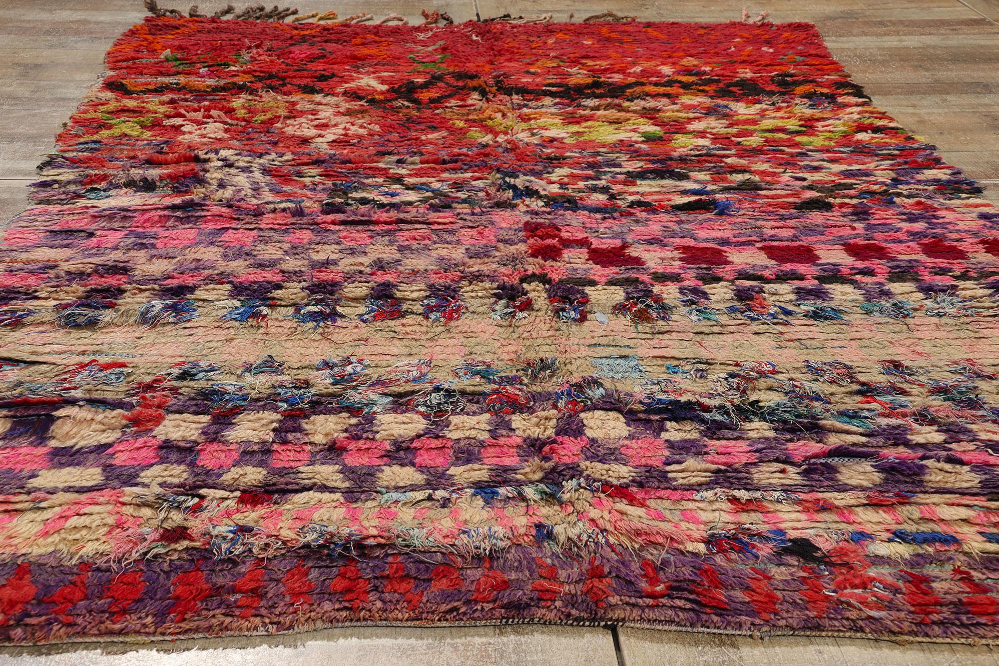 Fabric Vintage Boucherouite Boujad Moroccan Rag Rug, Sustainability Meets Cozy Nomad For Sale