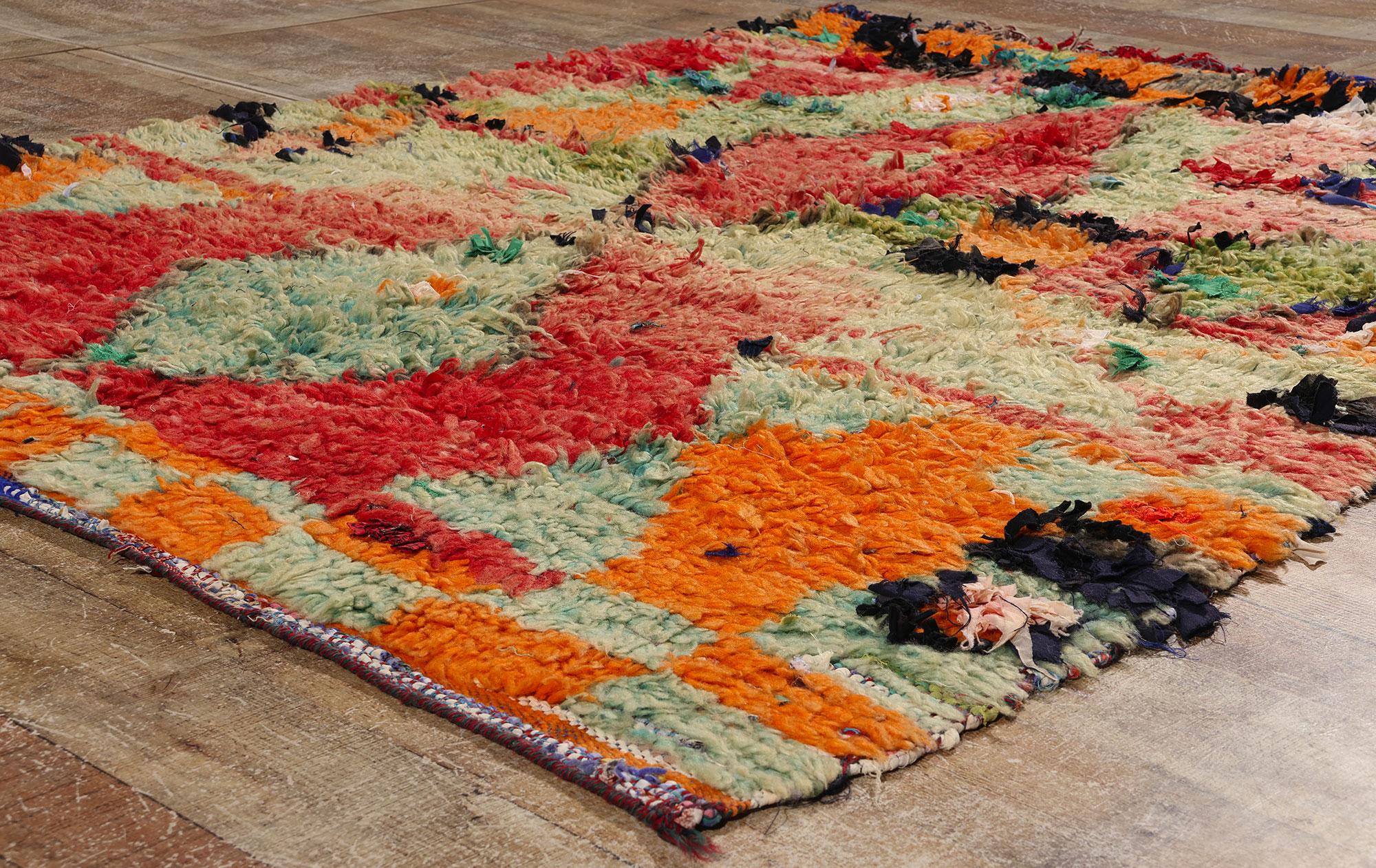 Fabric Vintage Boucherouite Boujad Moroccan Rag Rug, Sustainability Meets Cozy Nomad For Sale