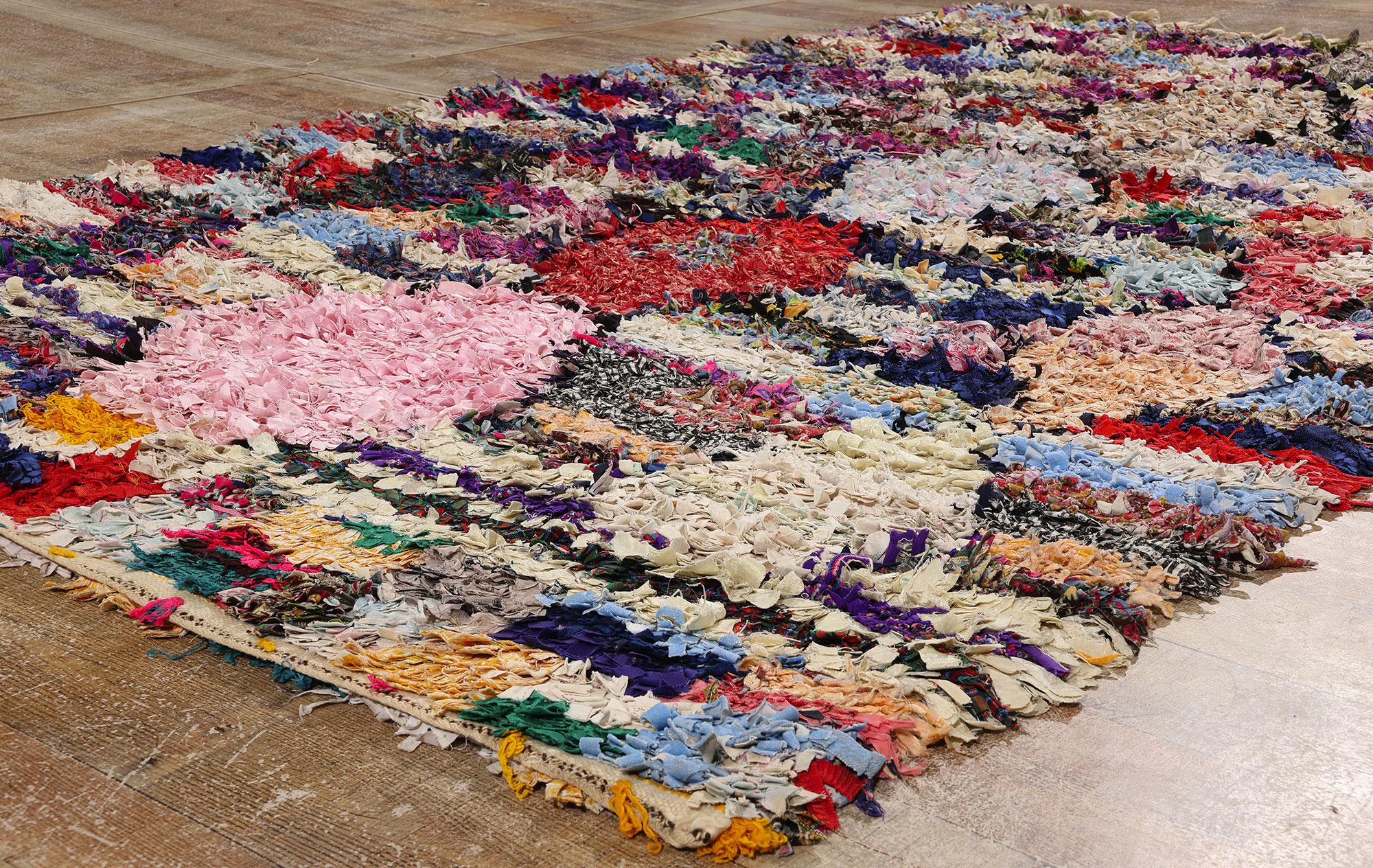 Fabric Vintage Boucherouite Boujad Moroccan Rag Rug, Sustainability Meets Cozy Nomad For Sale