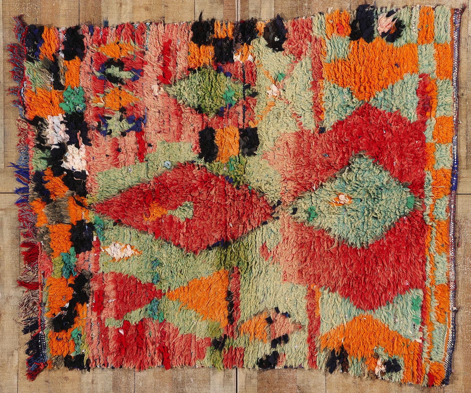 Vintage Boucherouite Boujad Moroccan Rag Rug, Sustainability Meets Cozy Nomad For Sale 2