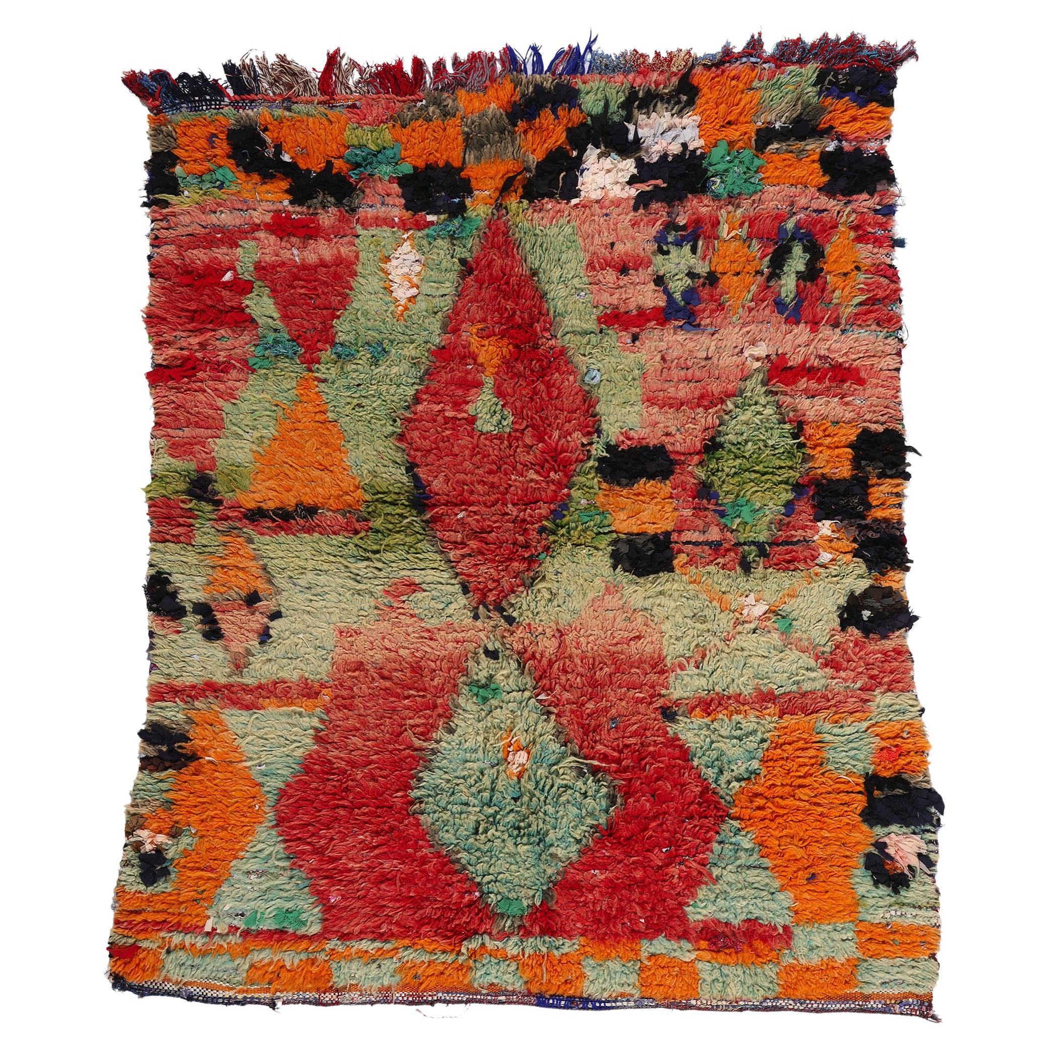 Vintage Boucherouite Boujad Moroccan Rag Rug, Sustainability Meets Cozy Nomad For Sale