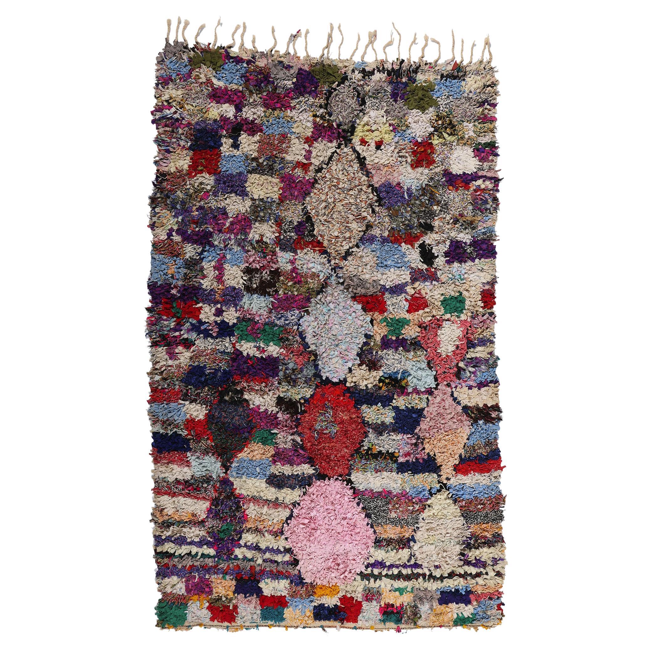 Marokkanischer Boucherouit-Boujad- Rag-Teppich im Vintage-Stil, Nachhaltigkeit trifft auf Cozy Nomad
