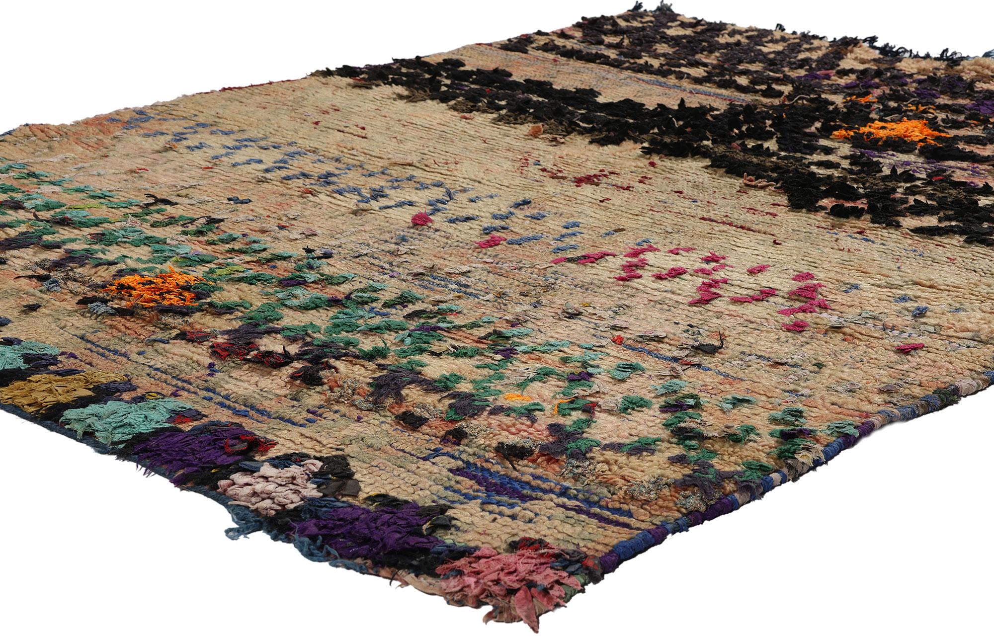 21794 Vintage Boucherouite Boujad Moroccan Rag Rug, 04'02 x 05'01. The Boujad rag rug, or Boujad Boucherouite rug, epitomizes sustainable craftsmanship, hailing from the Boujad region in the Khouribga province of Morocco. Meticulously crafted by