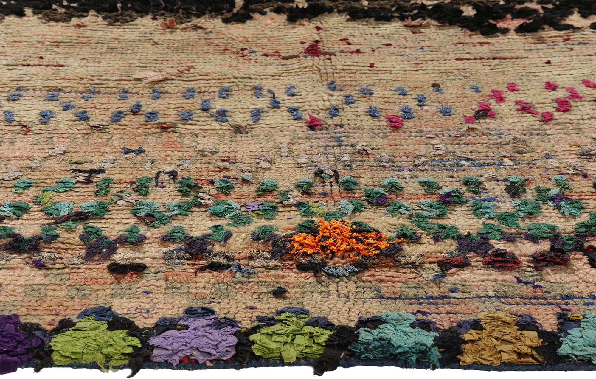 Hand-Knotted Vintage Boucherouite Boujad Moroccan Rag Rug, Sustainability Meets Rustic Boho