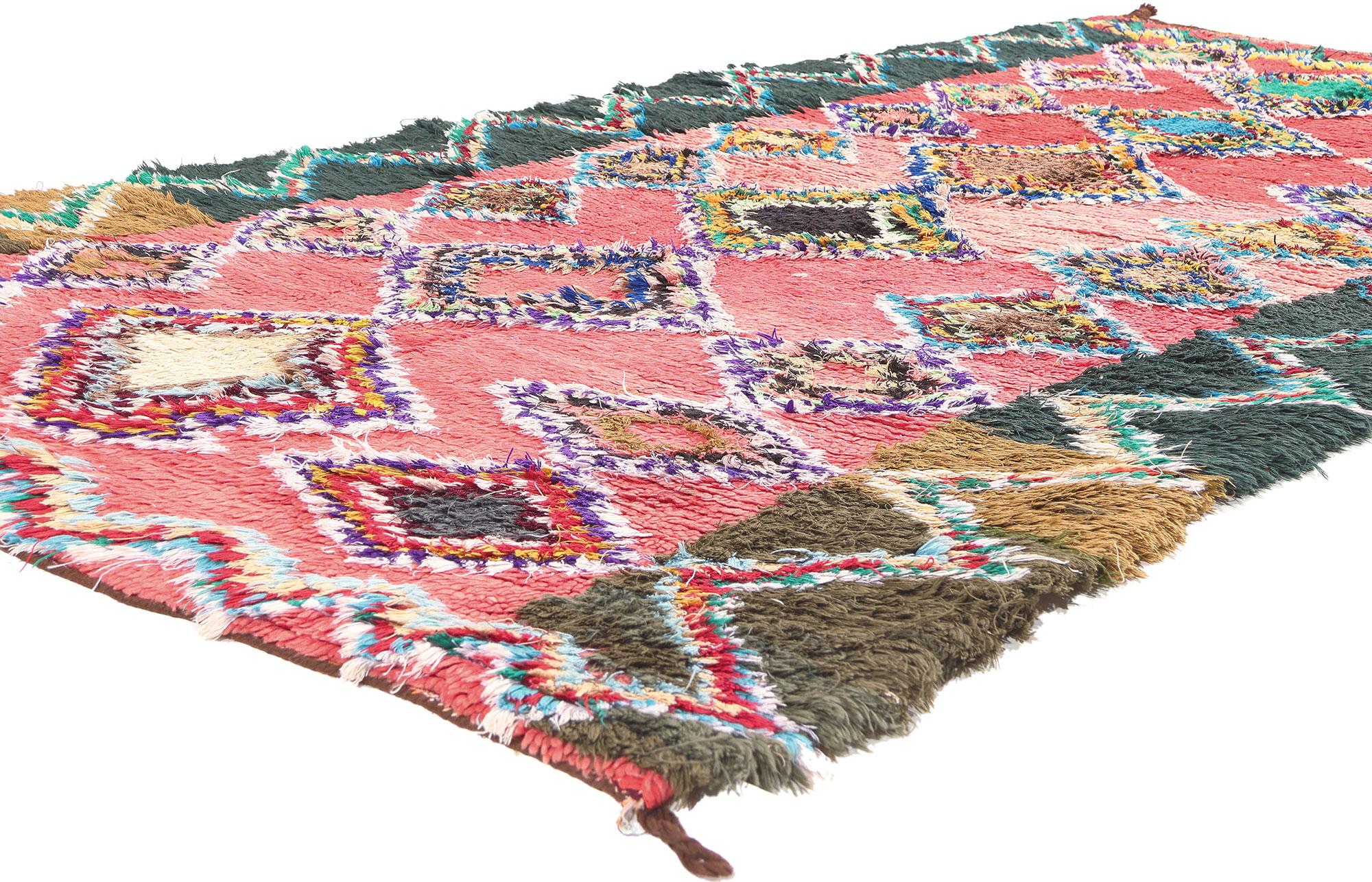 20387 Vintage Moroccan Azilal Rag Rug, 04'07 x 08'04. Embark on a sustainable design journey with this hand-knotted wool vintage Moroccan Azilal rag rug, where boho chic style seamlessly intertwines with nomadic charm, resulting in a tribal textile