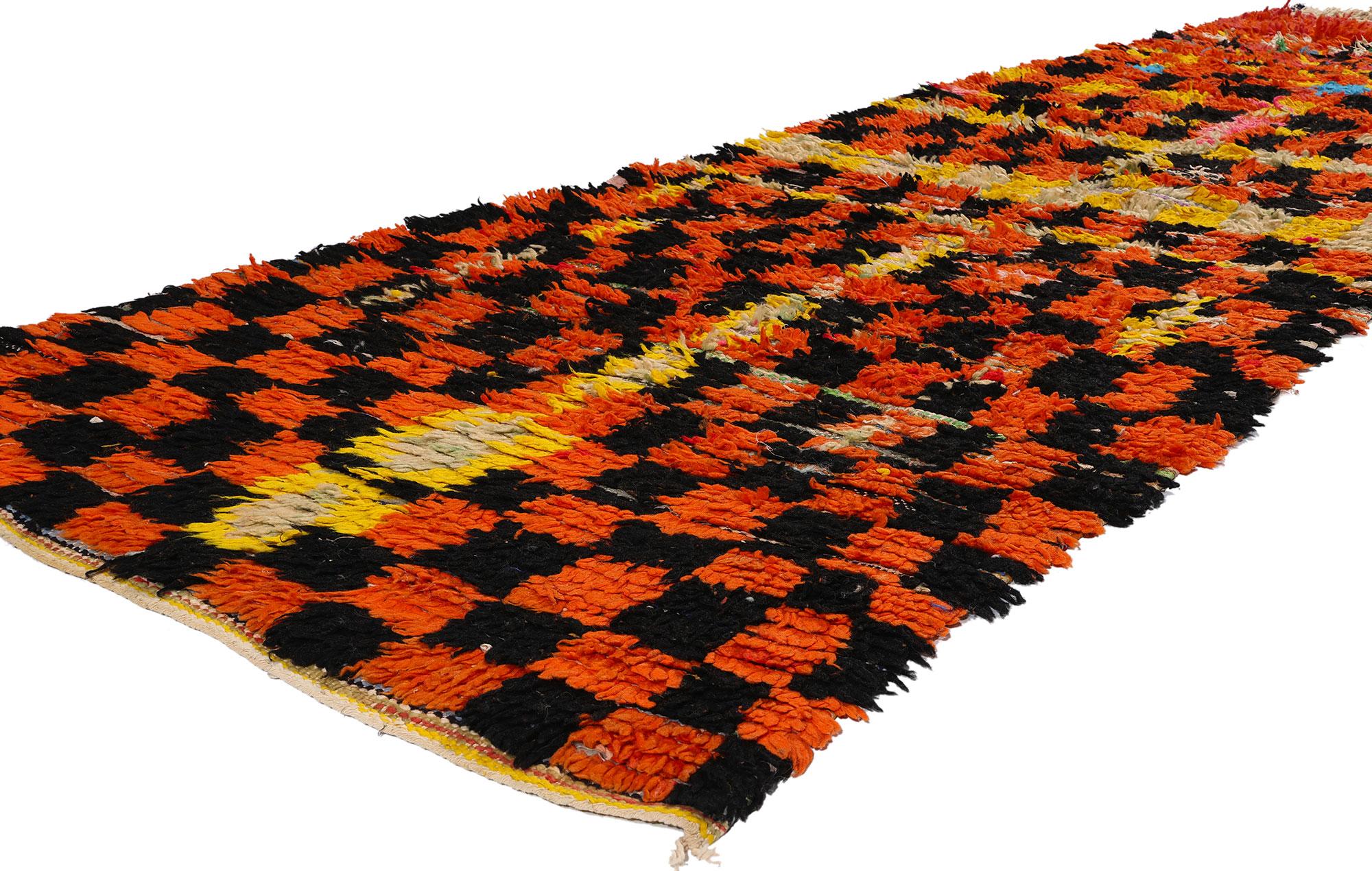 21760 Vintage Boucherouite Moroccan Azilal Rag Rug, 03'06 x 09'03. From the vibrant heart of central Morocco's provincial capital, cradled in the embrace of the High Atlas Mountains, unfolds the splendid legacy of Azila rugs – a distinctive