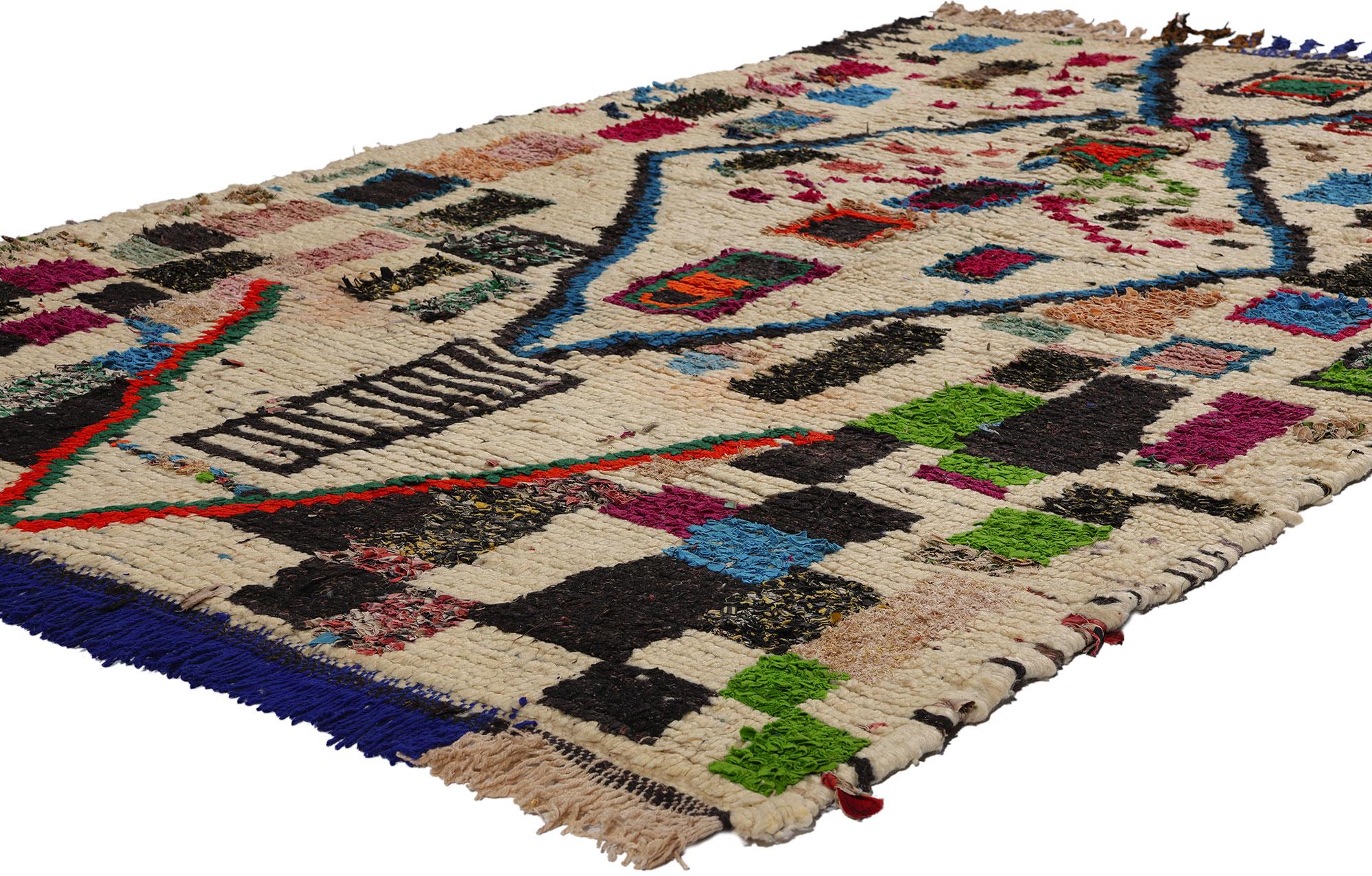 21836 Vintage Boucherouite Moroccan Azilal Rag Rug, 04'00 x 07'00. Azilal rag rugs, also recognized as Azilal Boucherouite rugs, epitomize sustainable craftsmanship originating from the Azilal region in the Atlas Mountains of Morocco. Handcrafted by