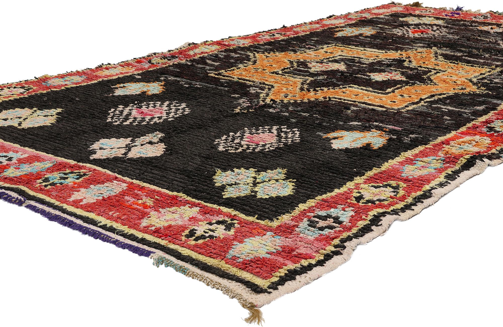 21834 Vintage Black Moroccan Azilal Rag Rug, 04'04 x 07'10. Azilal rag rugs, or Azilal Boucherouite rugs, represent sustainable craftsmanship from the Azilal region in the Atlas Mountains of Morocco. Handwoven by Berber artisans using recycled