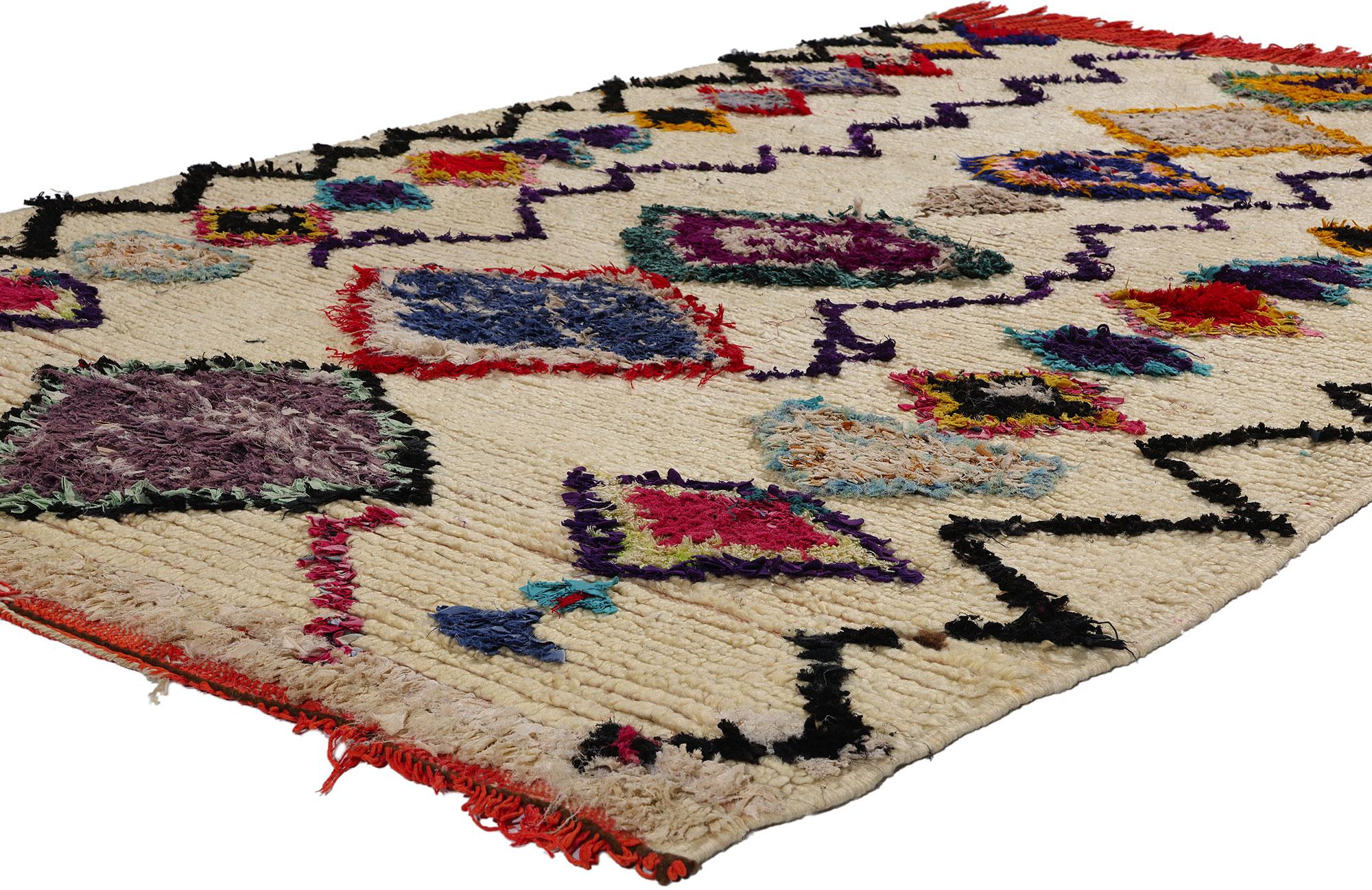 21792 Vintage Boucherouite Moroccan Azilal Rag Rug, 04'09 x 07'02. Azilal rag rugs, fondly referred to as Azilal Boucherouite rugs, narrate a tale of sustainable craftsmanship resonating from the heart of the Azilal region in the Atlas Mountains of