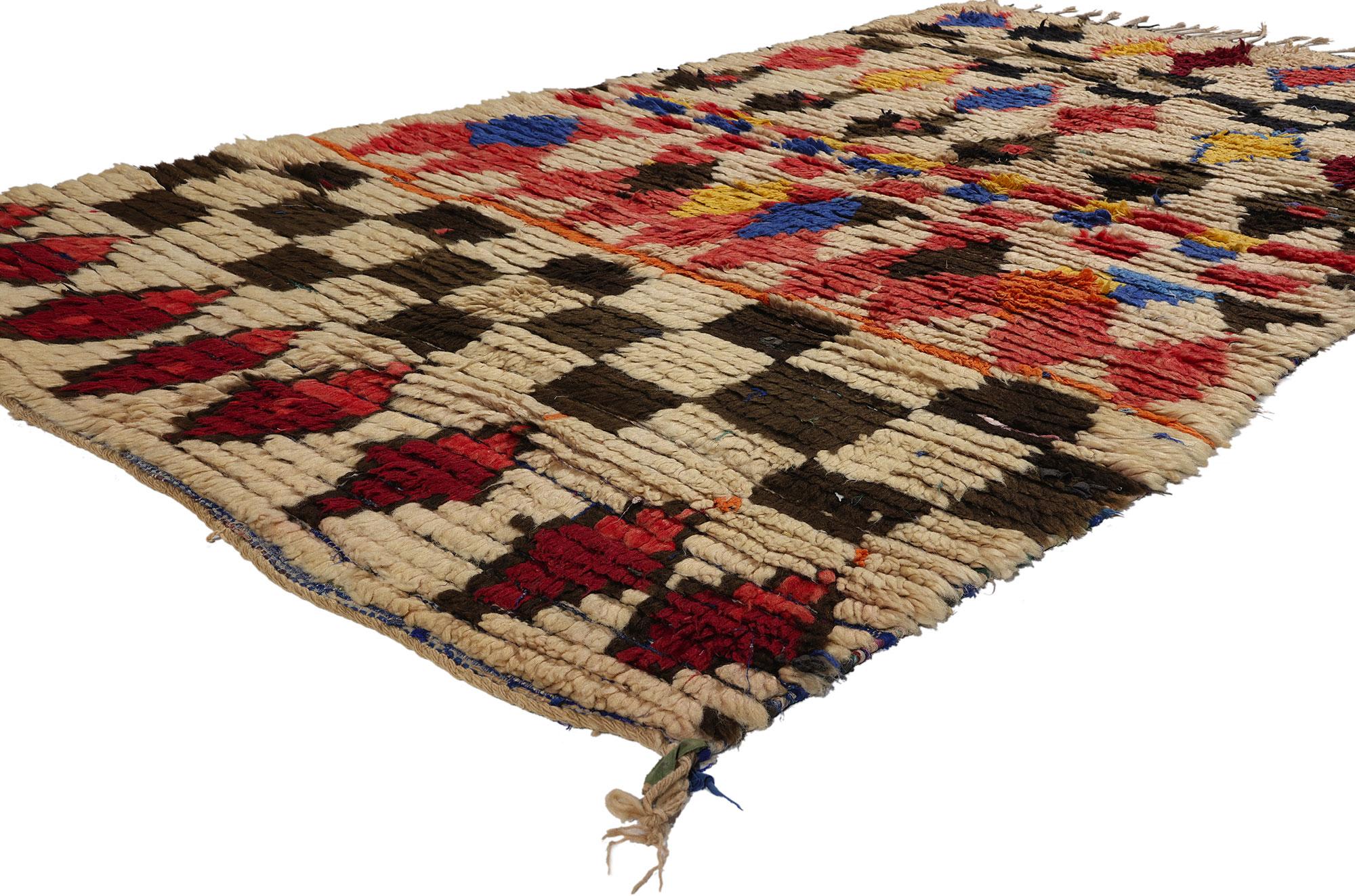 21783 Vintage Boucherouite Moroccan Rag Rug, 04'04 x 07'03. Azilal rag rugs, affectionately known as Azilal Boucherouite rugs, weave a captivating tale of sustainable craftsmanship resonating from the heart of the Azilal region in the Atlas