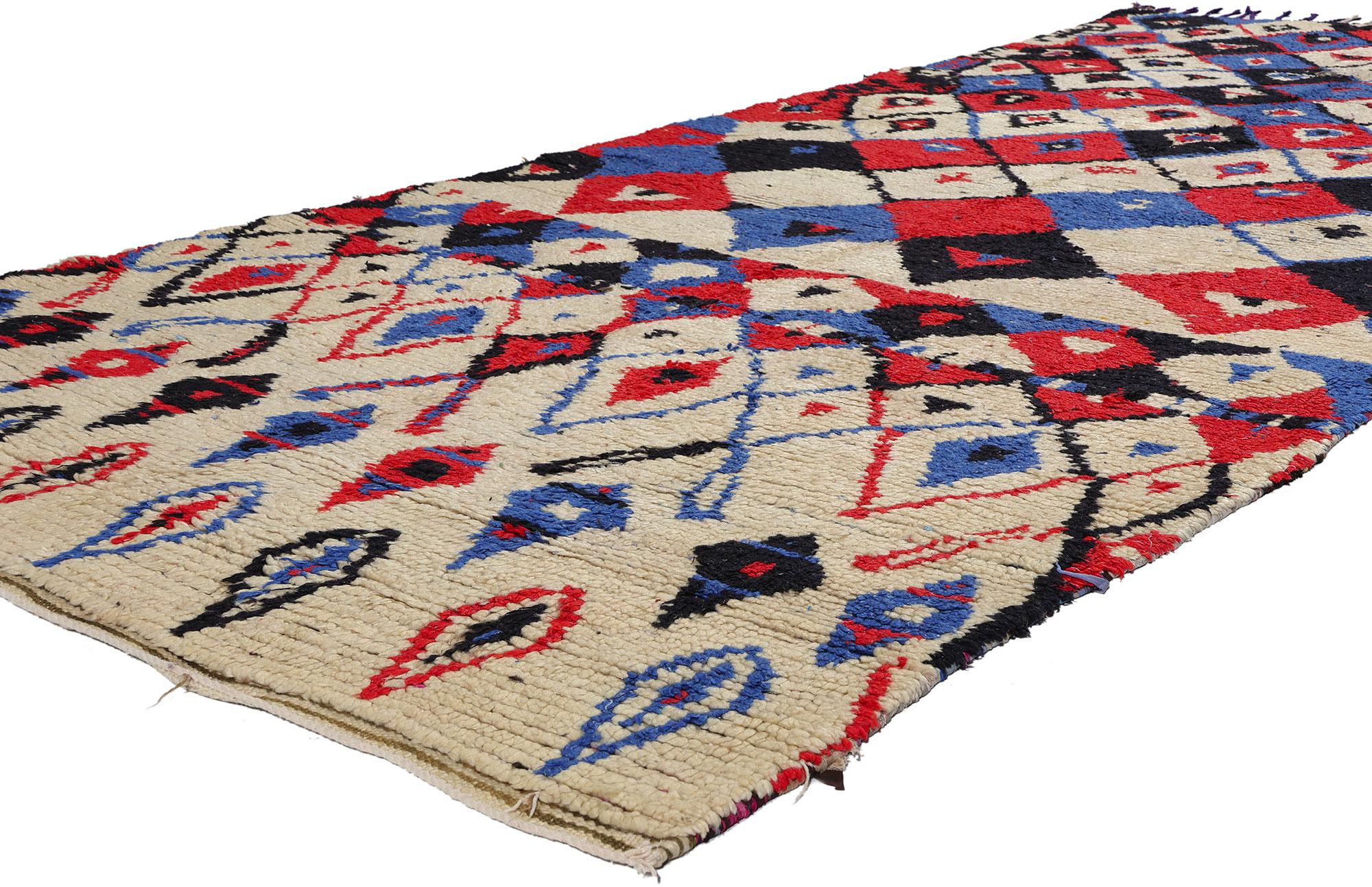 21739 Vintage Boucherouite Moroccan Azilal Rag Rug, 04'04 x 10'03. Azilal rag rugs, affectionately known as Azilal Boucherouite rugs, spin a captivating tale of sustainable craftsmanship echoing from the heart of the Azilal region in the Atlas