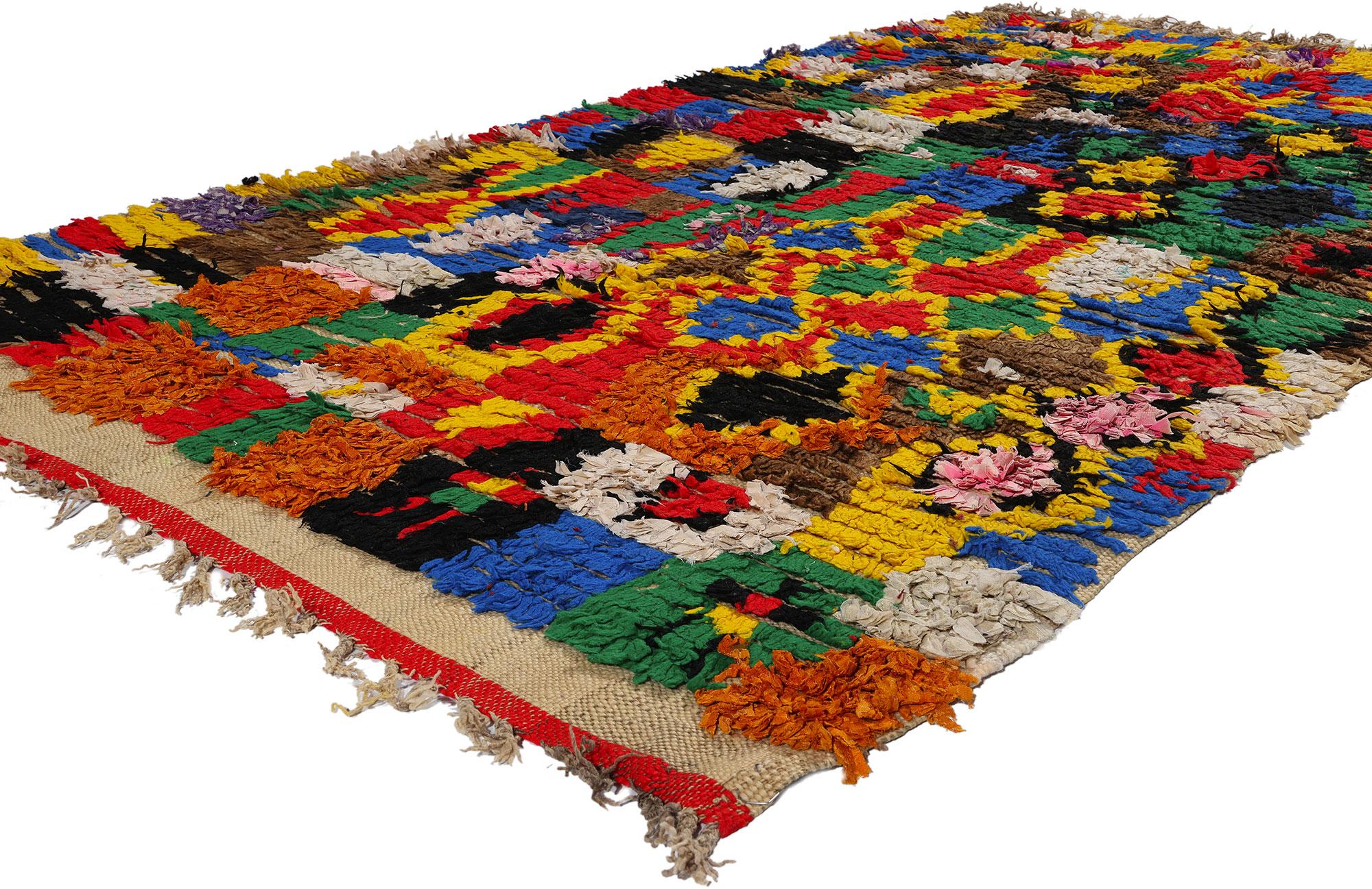 21738 Vintage Boucherouite Moroccan Azilal Rag Rug, 04'04 x 07'03. Azilal rag rugs, affectionately celebrated as Azilal Boucherouite masterpieces, unleash a riotous narrative of sustainable artistry resonating from the heart of the Azilal region in