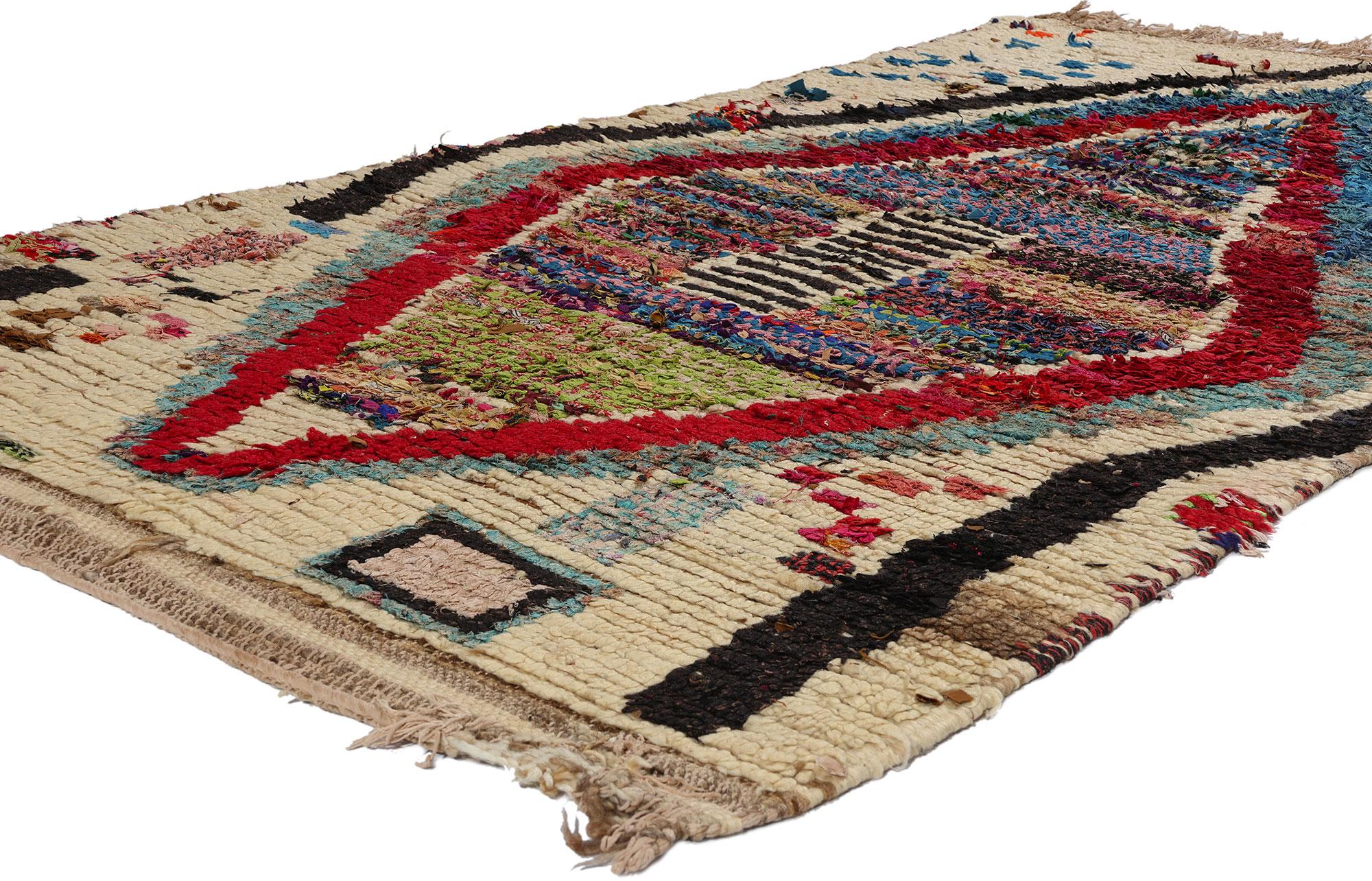 21722 Vintage Boucherouite Moroccan Azilal Rag Rug, 03'09 x 06'04. Azilal rag rugs, cherished as Azilal Boucherouite masterpieces, embark on an enchanting odyssey of sustainable artistry echoing from the heart of the Azilal region in the Atlas
