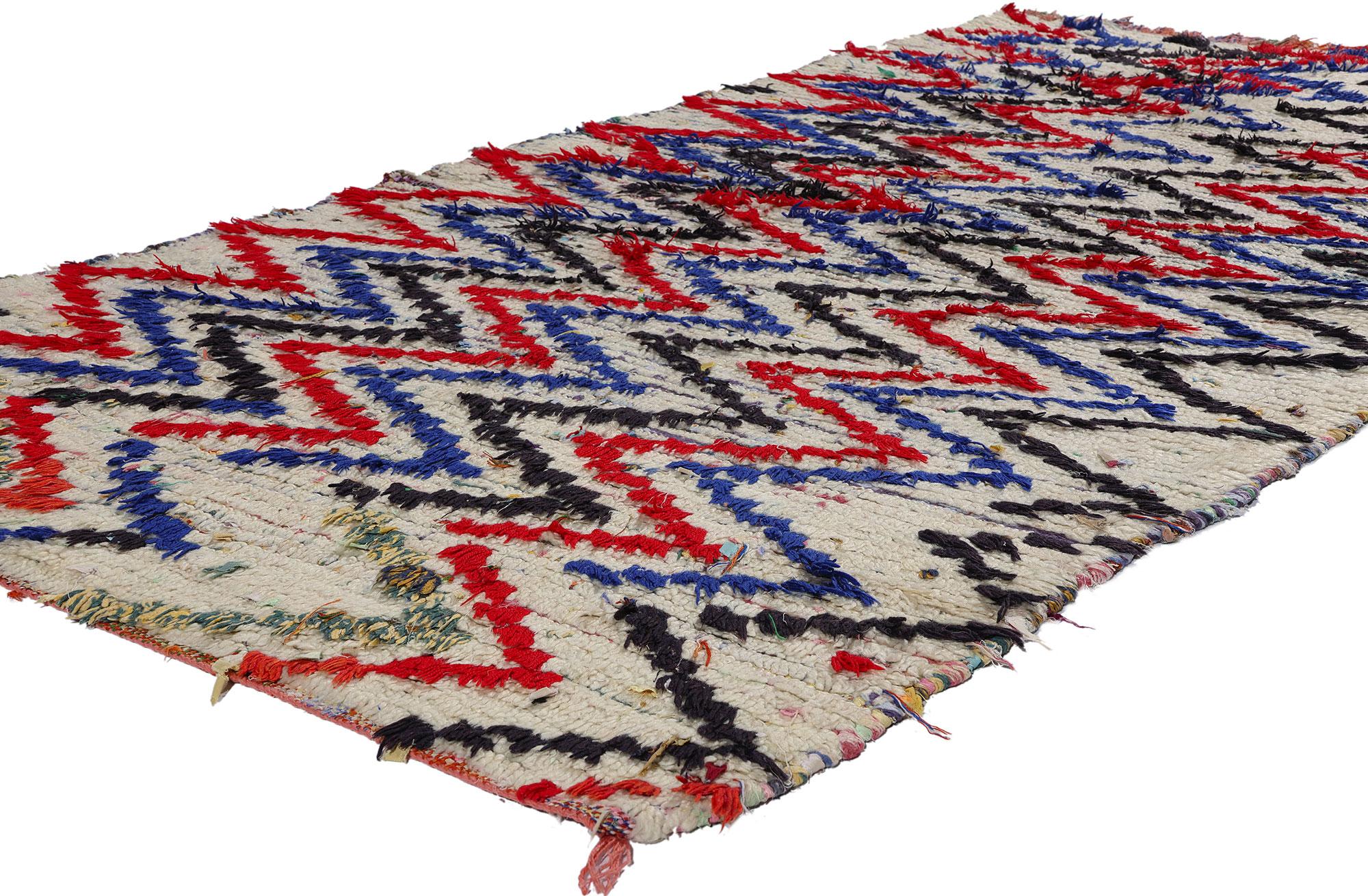 21743 Vintage Boucherouite Moroccan Azilal Rag Rug, 04'00 x 07'01. Azilal rag rugs, lovingly referred to as Azilal Boucherouite rugs, tell an alluring tale of sustainable craftsmanship echoing from the heart of the Azilal region in the Atlas