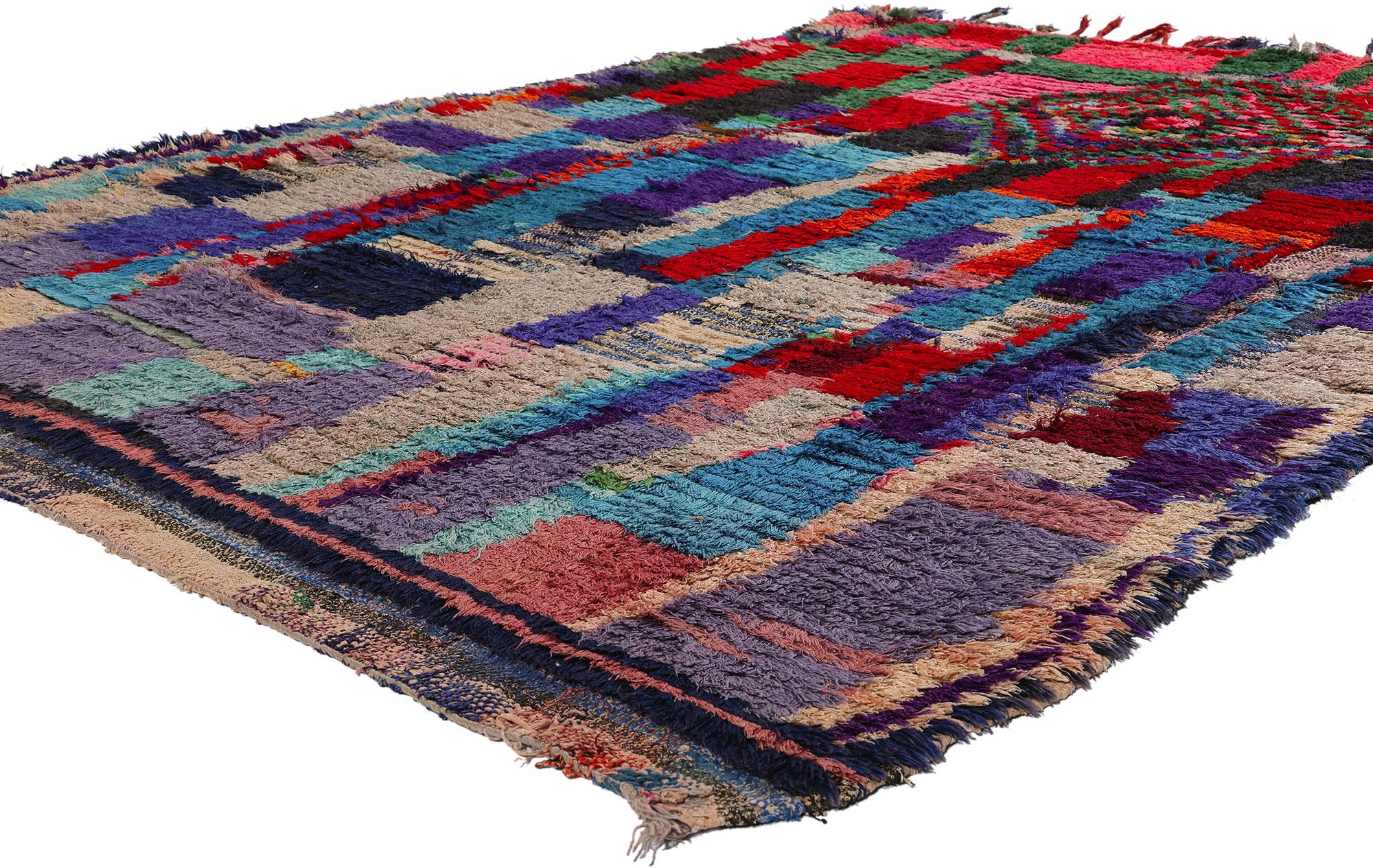 21742 Colorful Vintage Boucherouite Moroccan Azilal Rag Rug, 05'00 x 07'04. Azilal rag rugs, hailed as Azilal Boucherouite masterpieces, embark on a vivid journey of sustainable artistry resonating from the heart of the Azilal region in the Atlas
