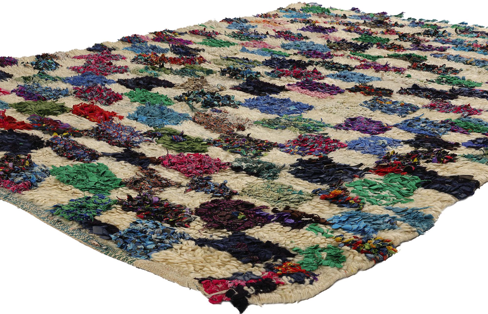21741 Vintage Boucherouite Moroccan Azilal Rag Rug, 05'03 x 06'05. Azilal rag rugs, celebrated as Azilal Boucherouite masterpieces, embark on a striking journey of sustainable artistry resonating from the heart of the Azilal region in the Atlas
