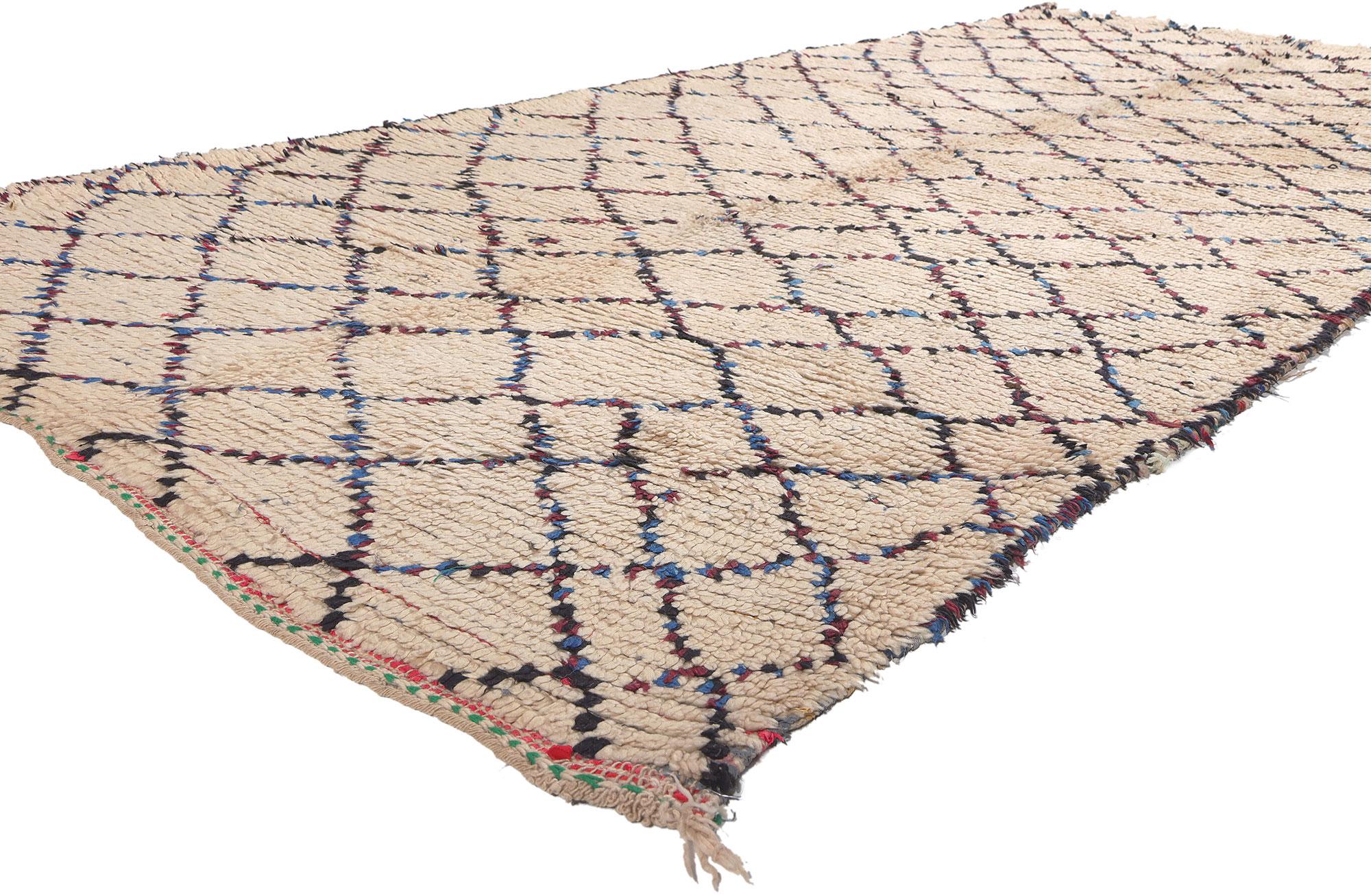 74833 Vintage Boucherouite Moroccan Azilal Rag Rug, 04’09 x 10’00. Forged through the timeless tradition of hand-knotting, this vintage Boucherouite Moroccan rag rug is a testament to the artistry of the Berber Tribes in the Azilal Region, nestled