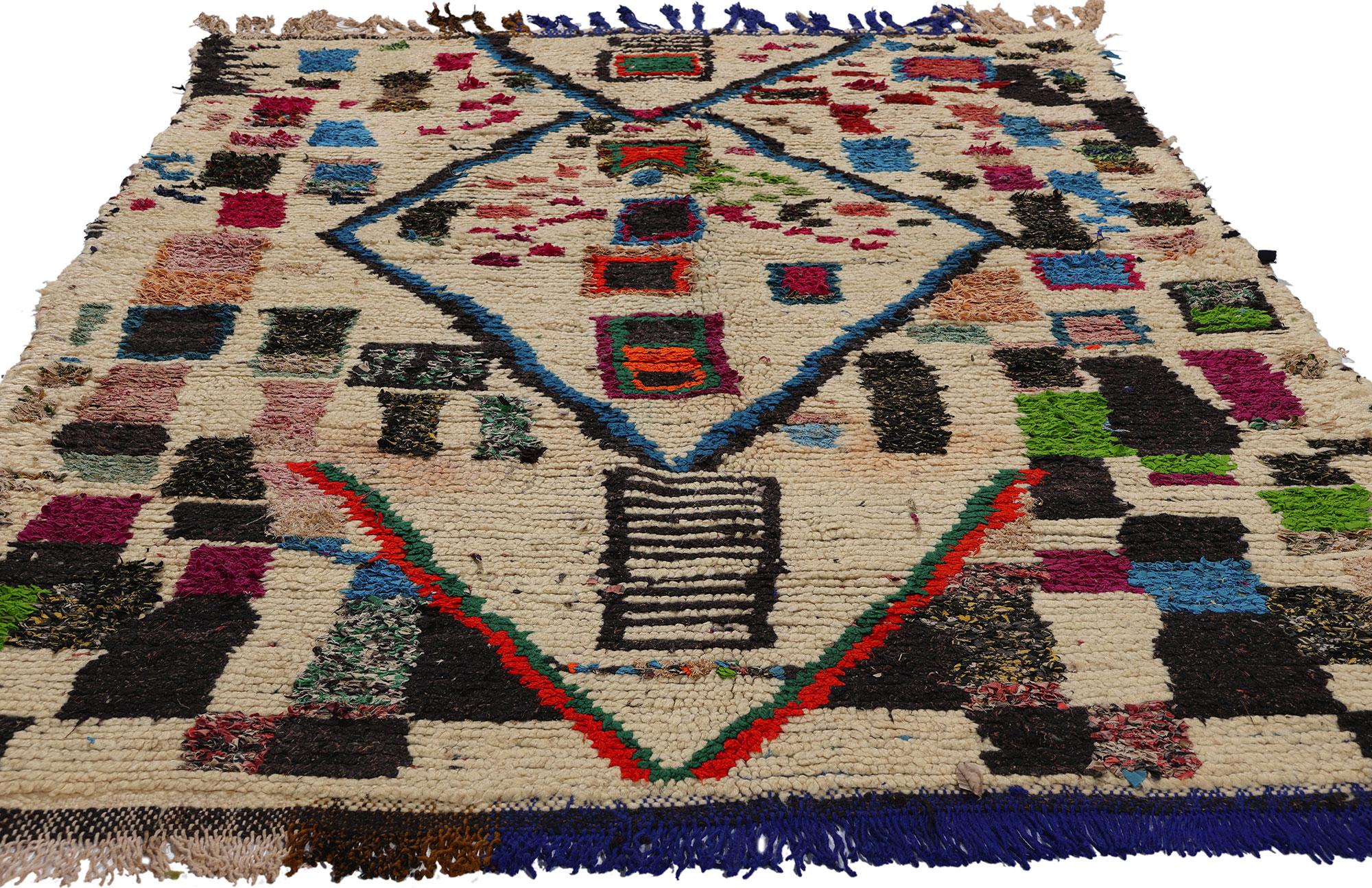 Bohemian Vintage Boucherouite Moroccan Azilal Rag Rug, Sustainability Meets Cozy Nomad For Sale