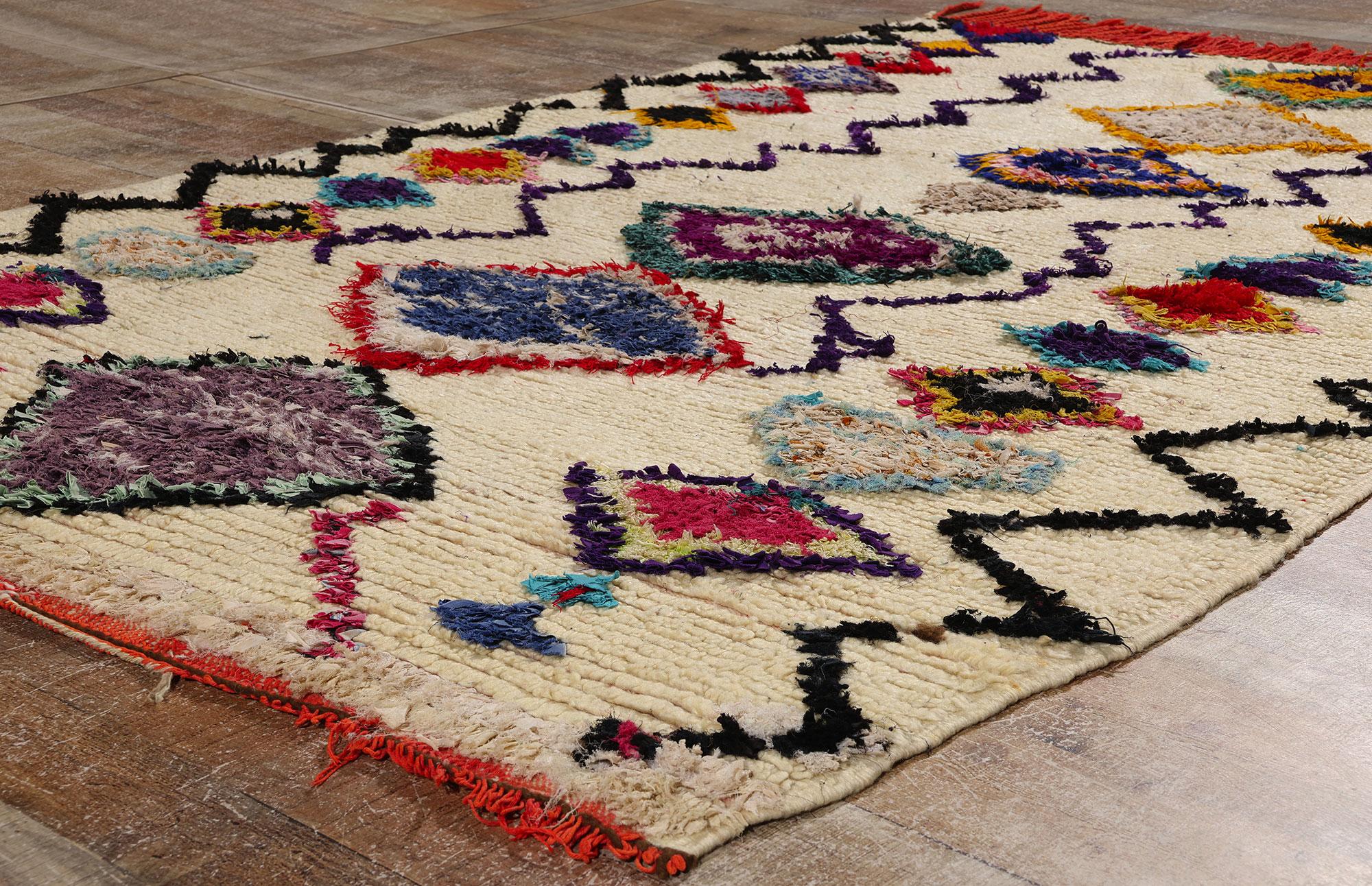 Fabric Vintage Boucherouite Moroccan Azilal Rag Rug, Sustainability Meets Cozy Nomad For Sale