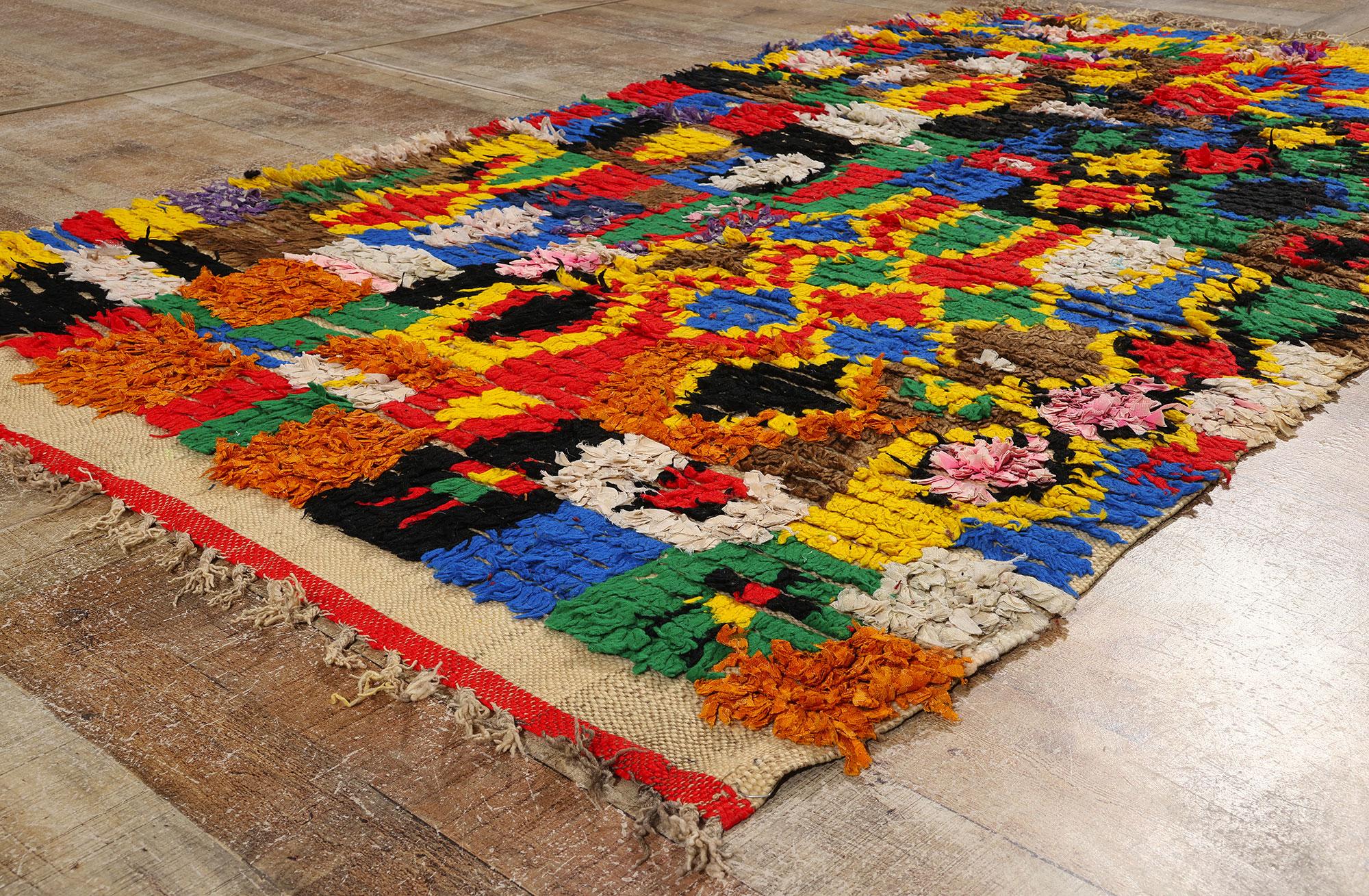 Fabric Vintage Boucherouite Moroccan Azilal Rag Rug, Sustainability Meets Cozy Nomad For Sale