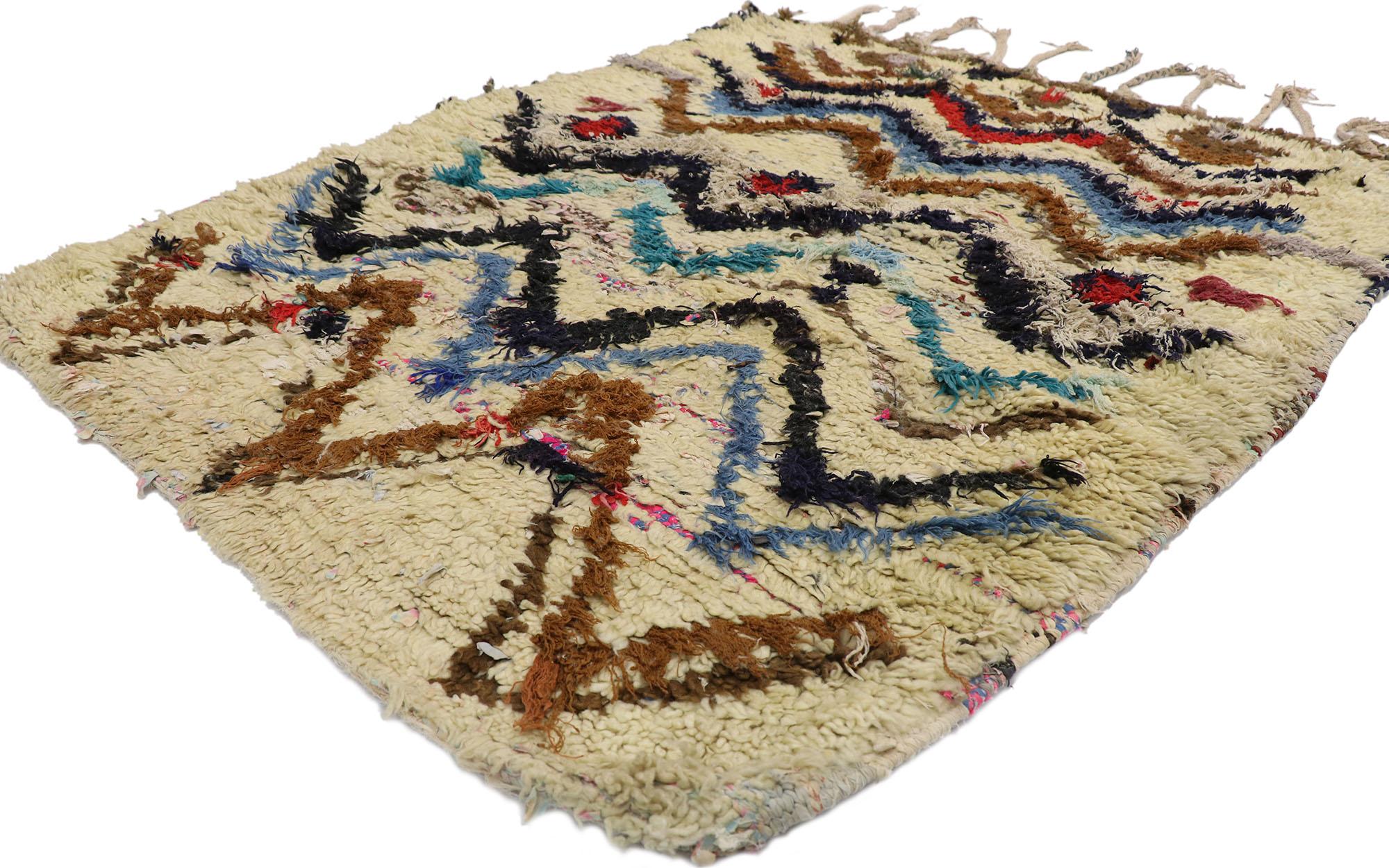 21552 Vintage Boucherouite Moroccan Rag Rug, 04'00 x 04'10. 
Cozy boho meets wabi-sabi in this hand knotted vintage Boucherouite Moroccan rag rug. The intrinsic chevron design and earthy hues woven into this piece work together creating a warm and