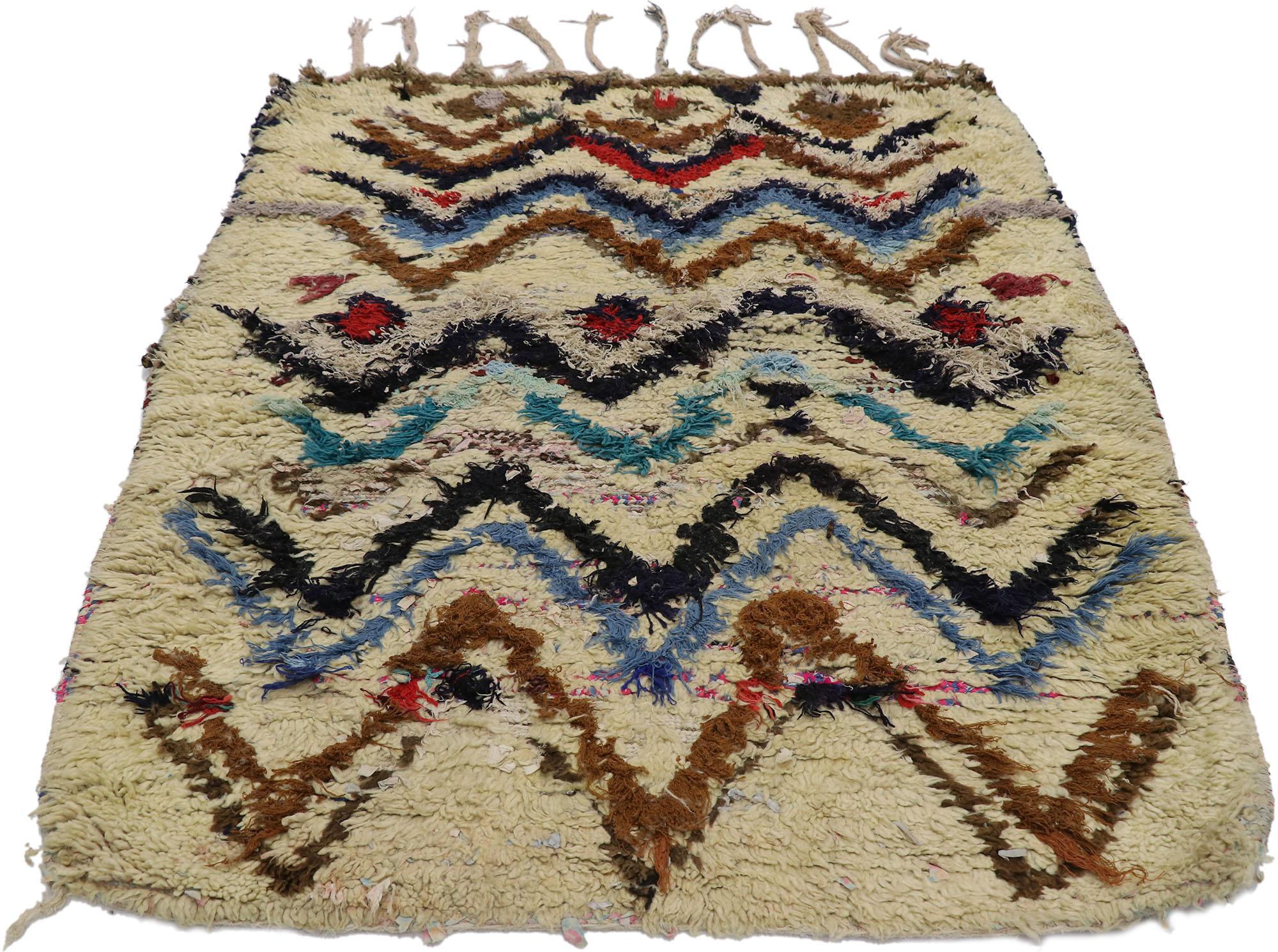 Tribal Vintage Boucherouite Moroccan Rag Rug, Cozy Boho Meets Wabi-Sabi For Sale