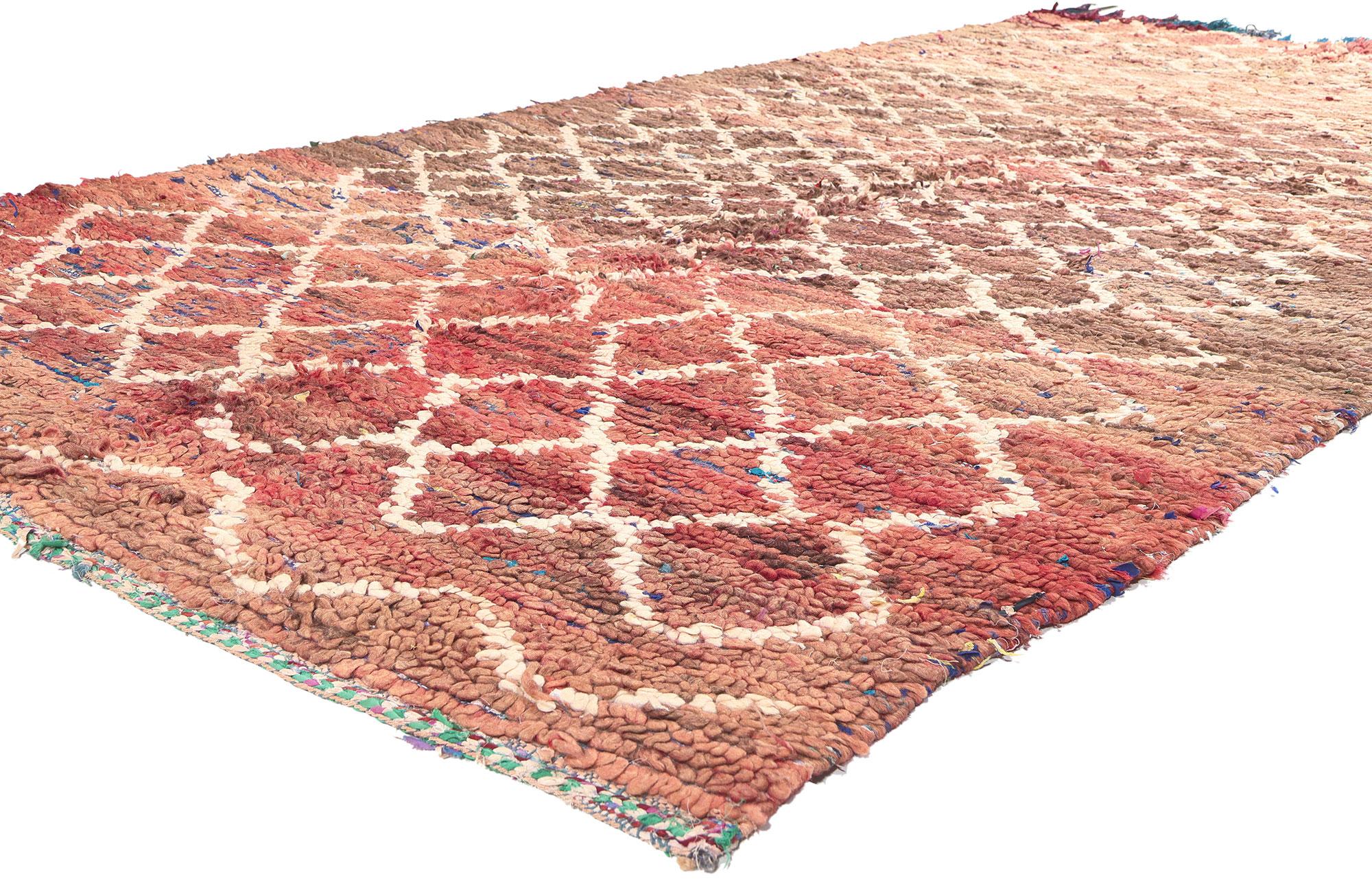 21293 Vintage Boucherouite Moroccan Rag Rug, 05'05 x 10'11.  Embracing the principles of sustainable interior design, this Boucherouite rug, originating from the Atlas Mountains of Morocco, is a testament to the eco-conscious craftsmanship of Berber