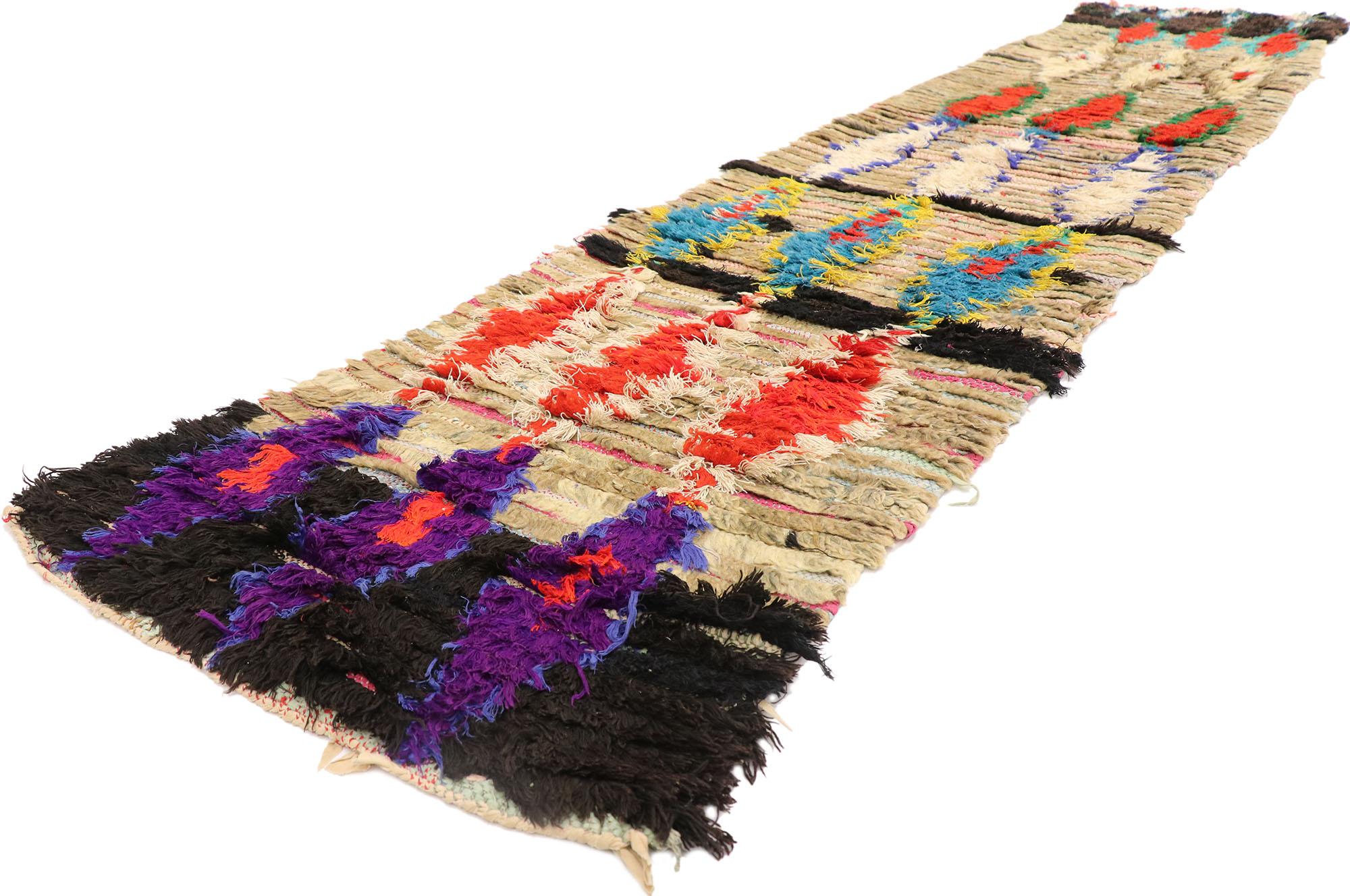 21550 Vintage Boucherouite Moroccan Azilal Rag Rug, 02'03 x 10'01. Azilal rag rugs, also known as Azilal Boucherouite rugs, embody sustainable craftsmanship originating from the Azilal region in the Atlas Mountains of Morocco. Crafted by talented