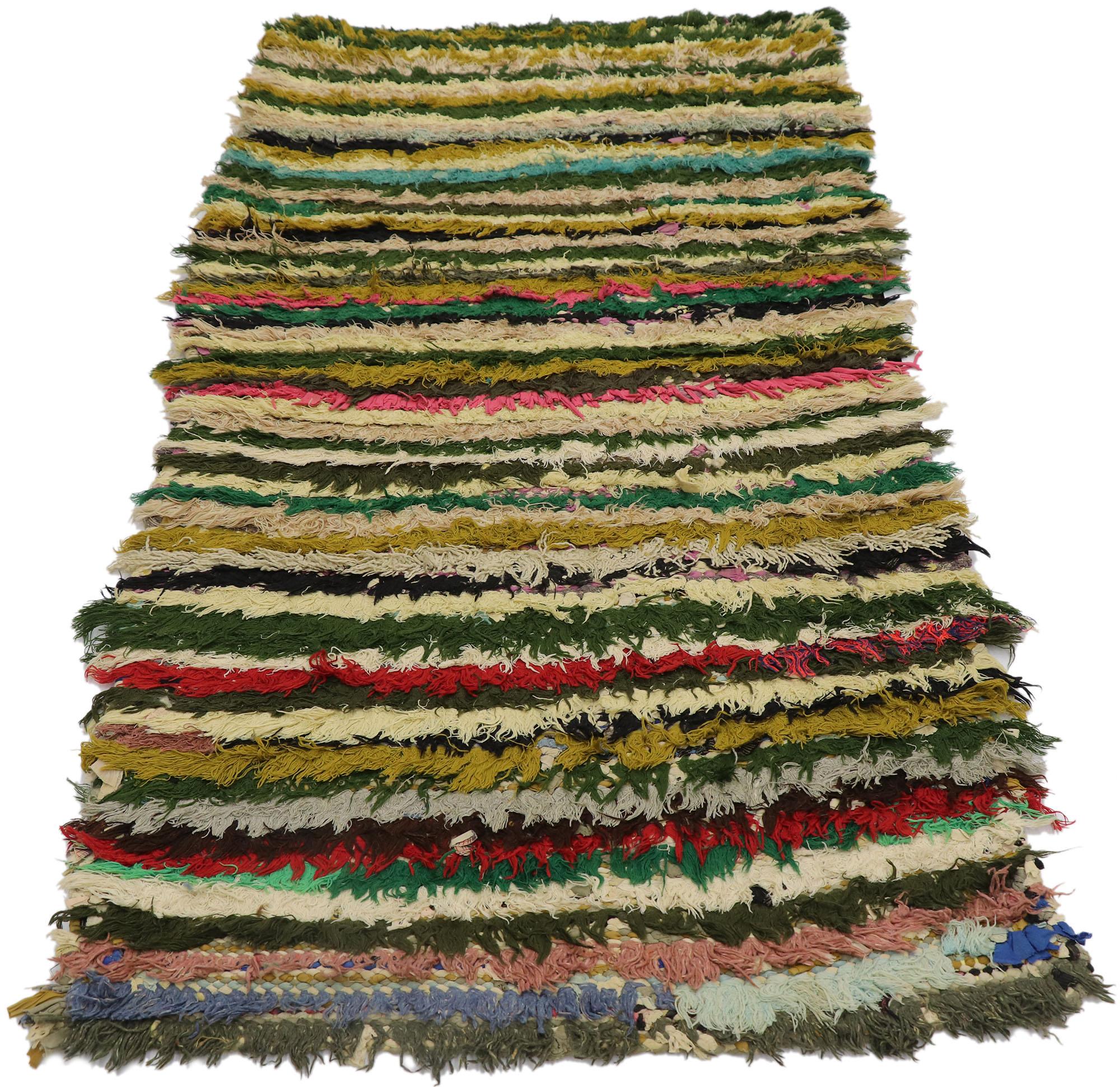 Tribal Vintage Boucherouite Moroccan Rag Rug, Nomadic Charm Meets Stylish Stripes For Sale