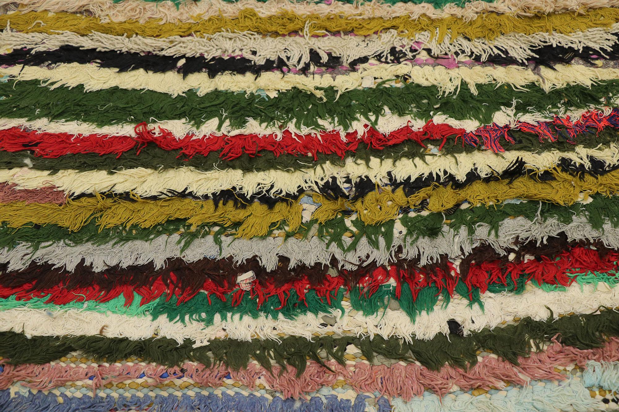 Hand-Knotted Vintage Boucherouite Moroccan Rag Rug, Nomadic Charm Meets Stylish Stripes For Sale