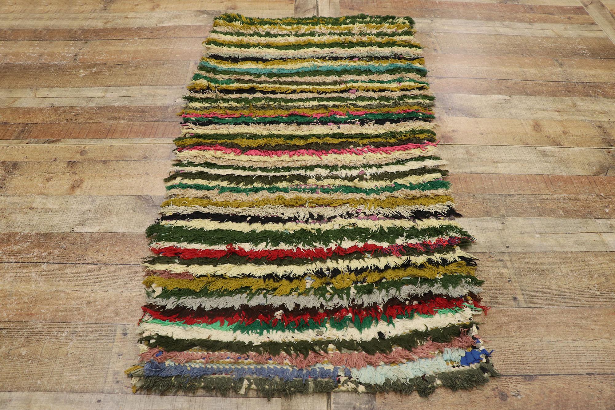 Wool Vintage Boucherouite Moroccan Rag Rug, Nomadic Charm Meets Stylish Stripes For Sale