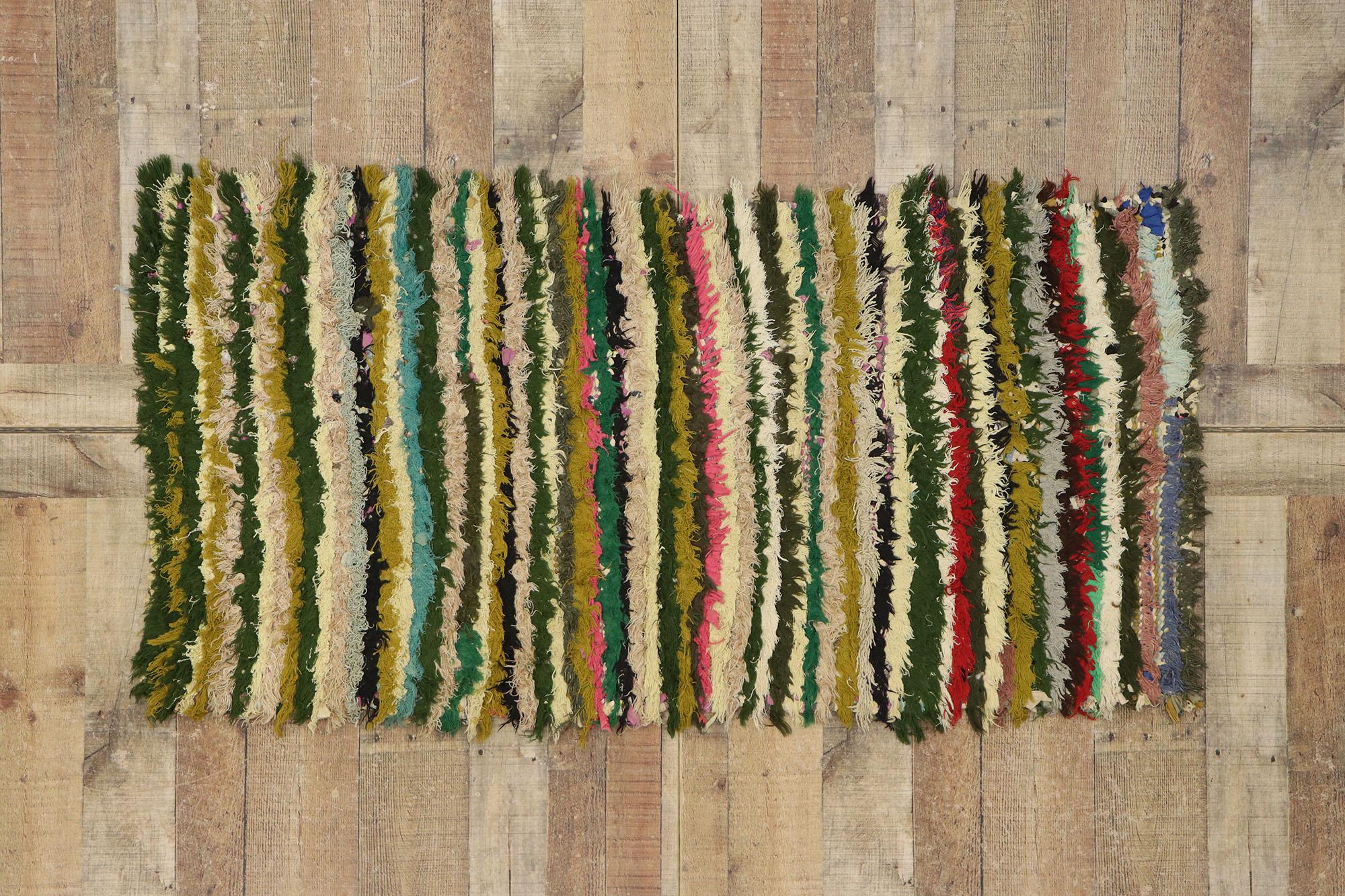 Vintage Boucherouite Moroccan Rag Rug, Nomadic Charm Meets Stylish Stripes For Sale 1