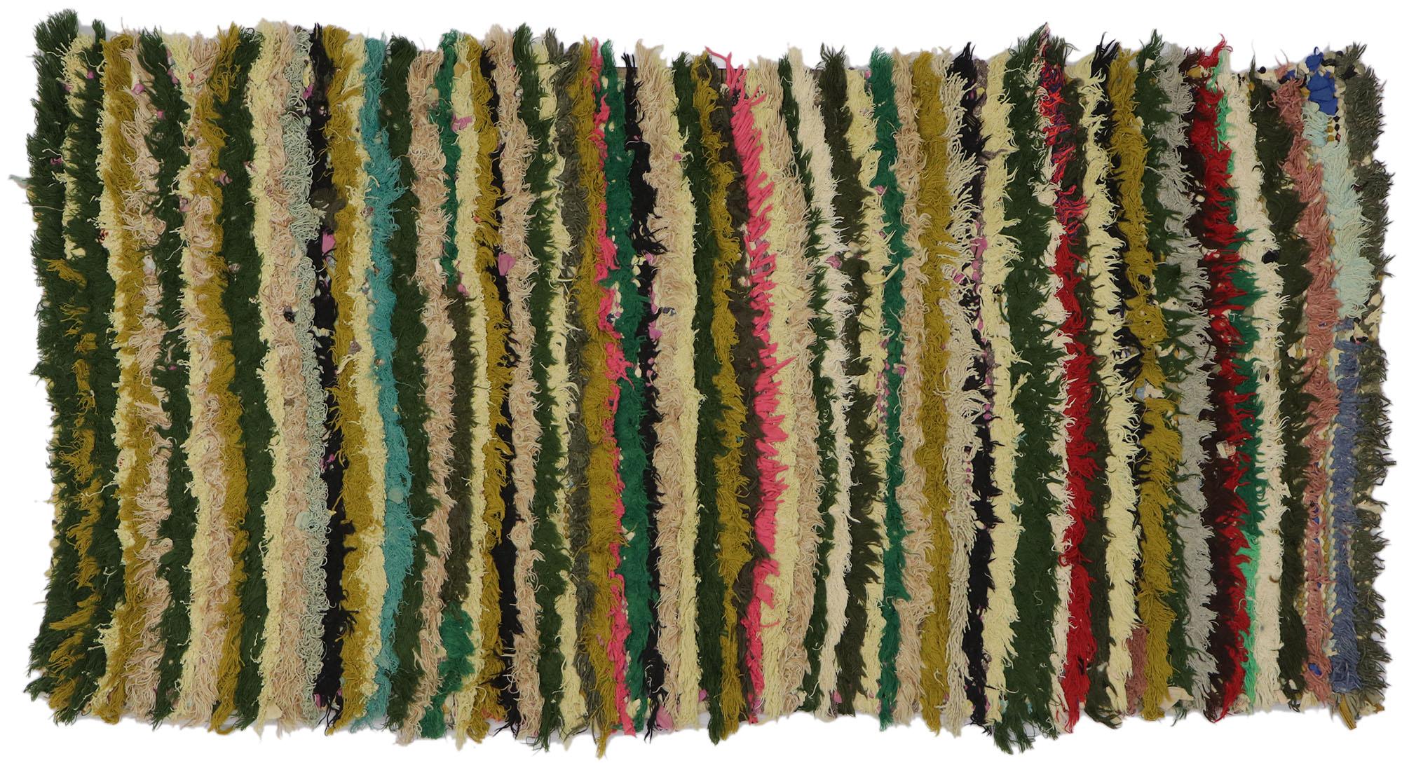 Vintage Boucherouite Moroccan Rag Rug, Nomadic Charm Meets Stylish Stripes For Sale 2
