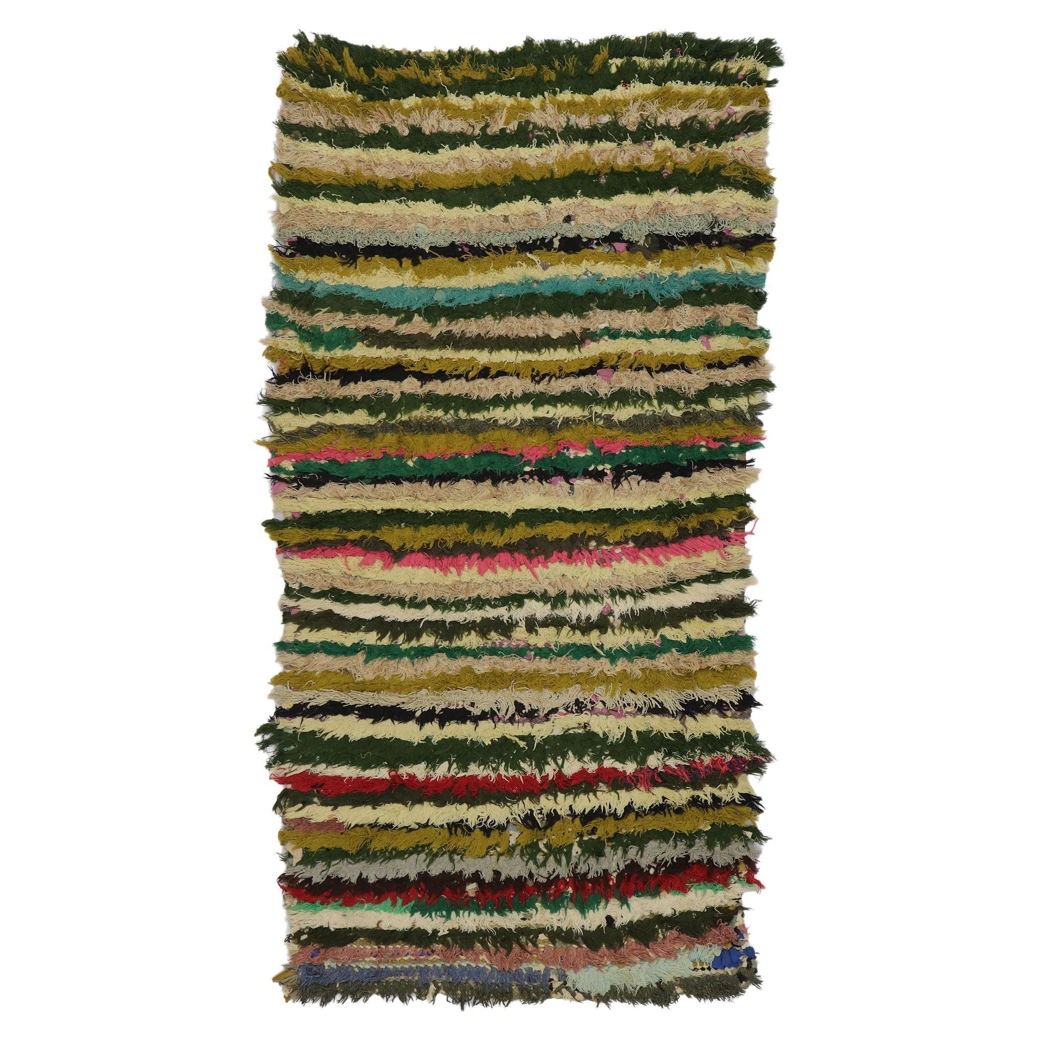 Vintage Boucherouite Moroccan Rag Rug, Nomadic Charm Meets Stylish Stripes For Sale