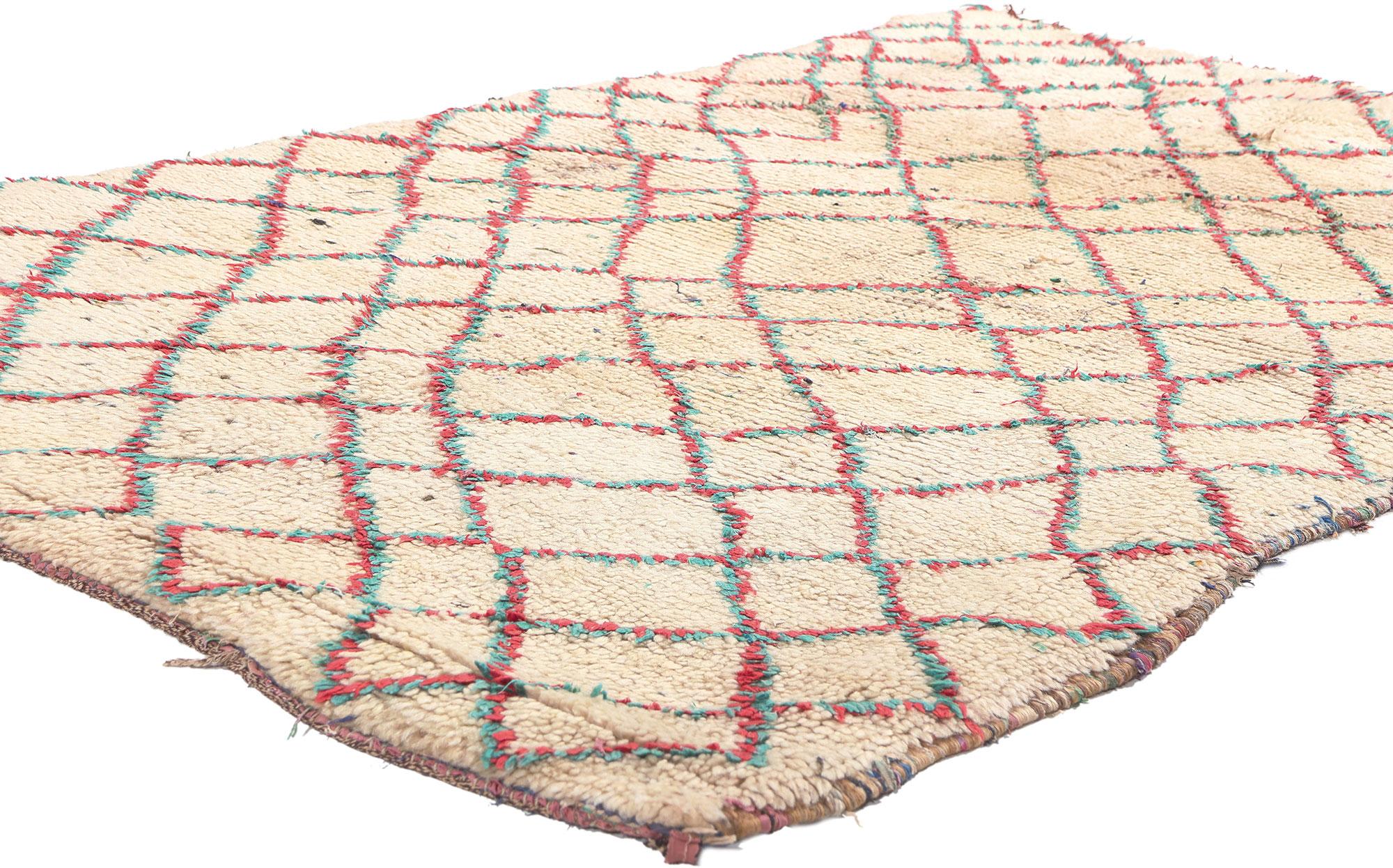 74819 Vintage Boucherouite Moroccan Rag Rug, 03'05 x 05'10. Embracing the tenets of sustainable interior design, this Boucherouite rug, hailing from the Atlas Mountains of Morocco, stands as a testament to the eco-conscious artistry of Berber women.