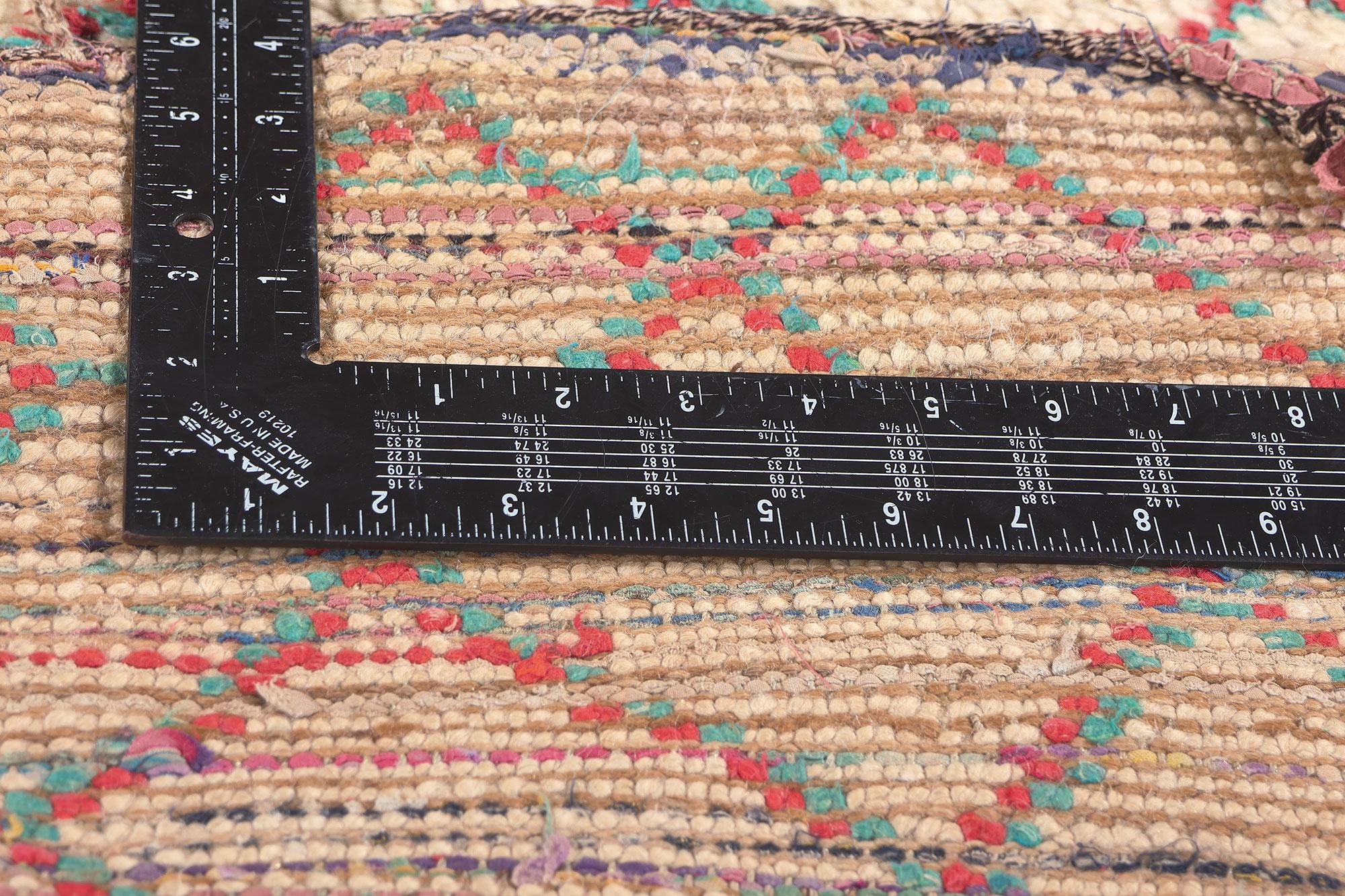 Fabric Vintage Boucherouite Moroccan Rag Rug, Tribal Enchantment Meets Rugged Beauty For Sale