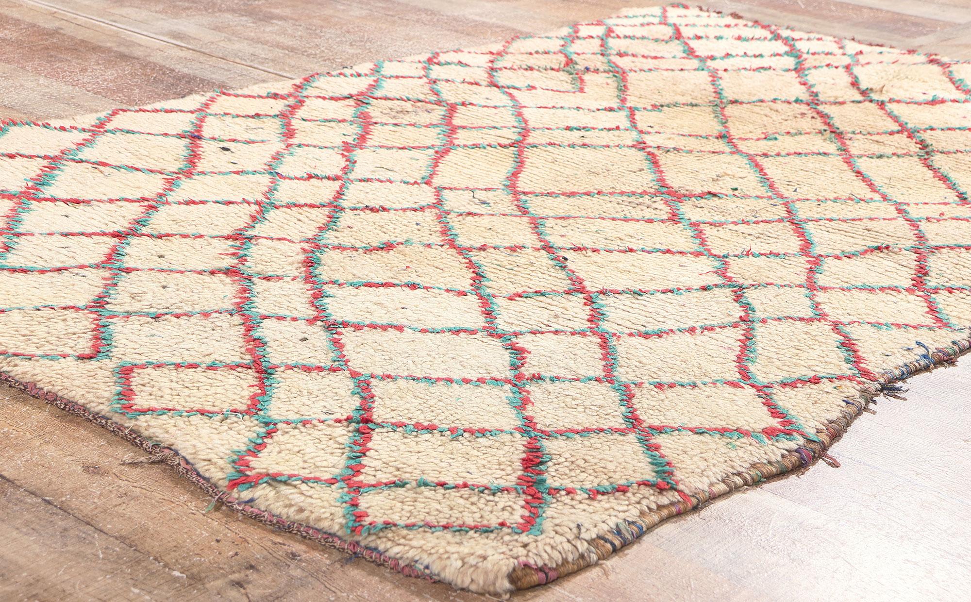 Vintage Boucherouite Moroccan Rag Rug, Tribal Enchantment Meets Rugged Beauty For Sale 1