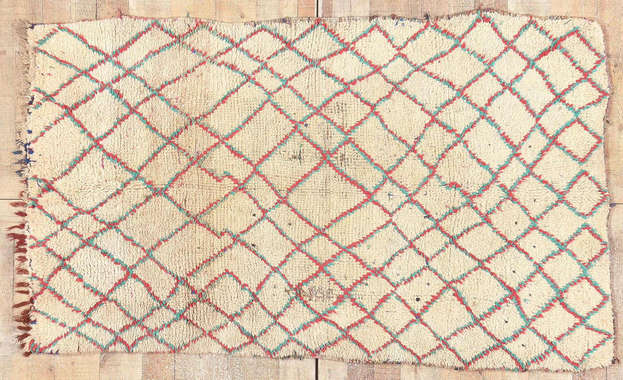 Vintage Boucherouite Moroccan Rag Rug, Tribal Enchantment Meets Rugged Beauty For Sale 3