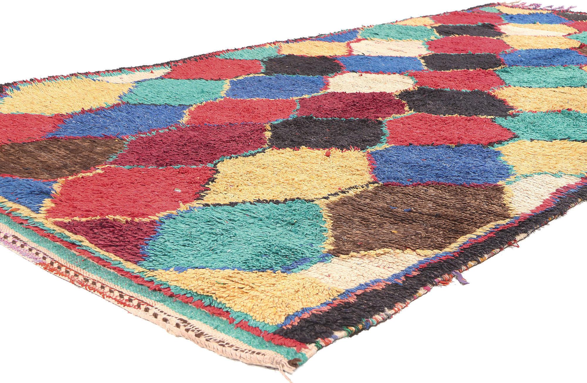 20371 Vintage Boucherouite Moroccan Rag Rug, 04'06 x 09'05. From the provincial capital of central Morocco in the High Atlas Mountains emerges the vibrant legacy of Azila rugs, a distinctive type of Berber rug celebrated for its geometric precision
