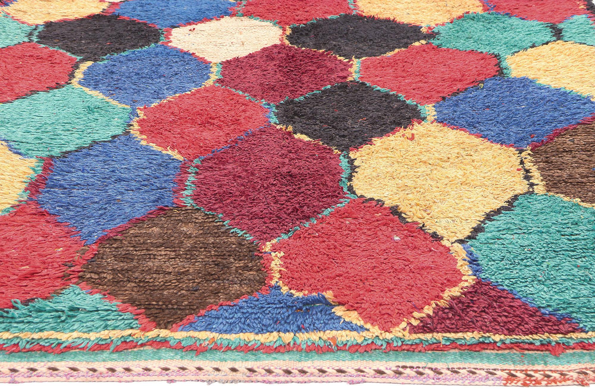 Hand-Knotted Vintage Boucherouite Moroccan Rug, Nomadic Charm Meets Maximalist Style For Sale