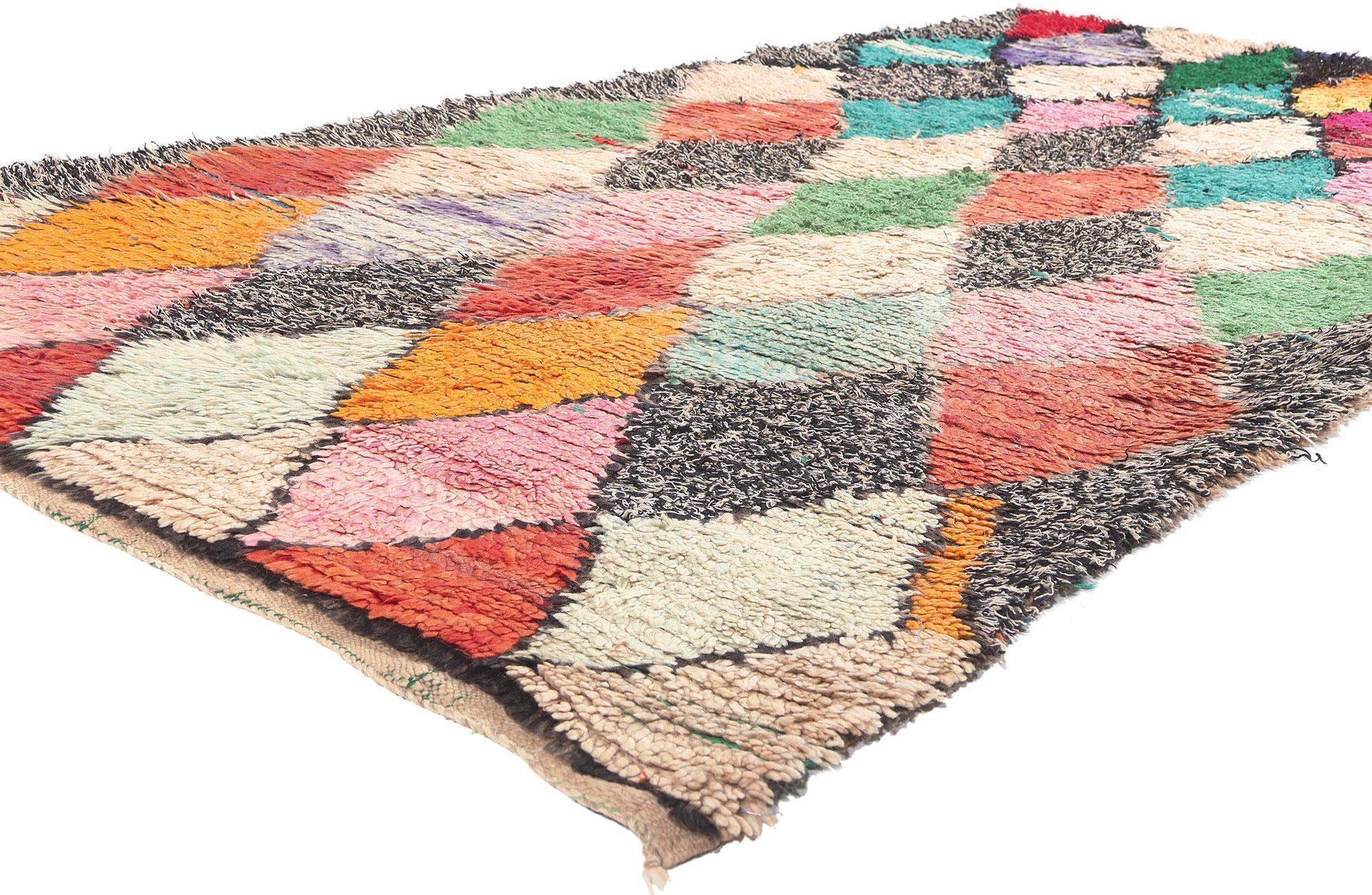 20475 Vintage Boucherouite Moroccan Rag Rug, 04'08 x 09'07. Woven with an eco-conscious spirit, Boucherouite Moroccan rugs embrace sustainability through their unique blend of recycled materials, featuring a delightful fusion of cotton and wool.