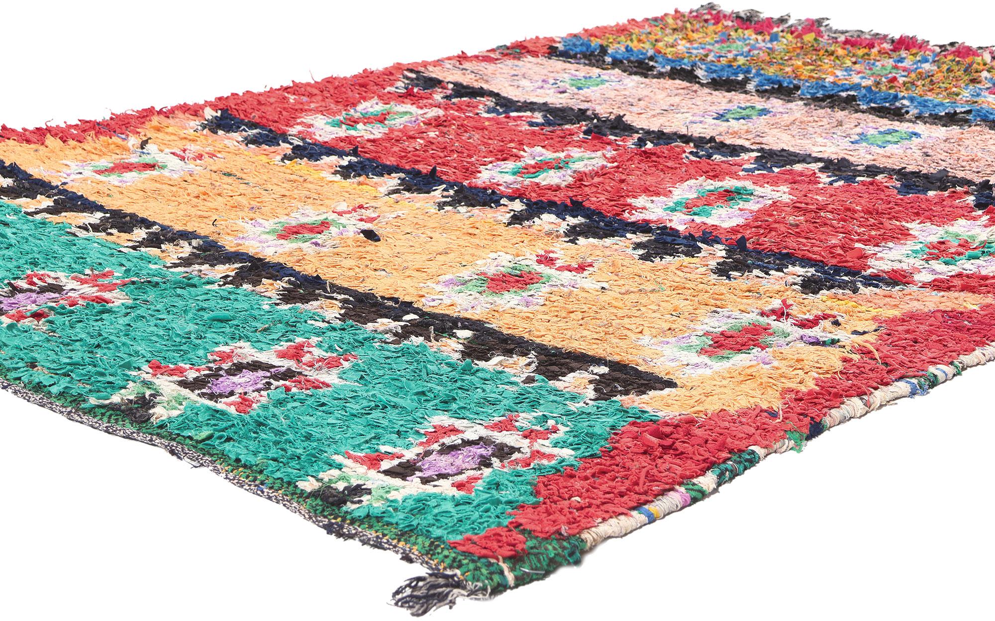 20457 Vintage Boucherouite Boujad Moroccan Rag Rug, 04'07 x 06'02. Immerse yourself in the vibrant vitality of Boujad Boucherouite rugs, emerging from the bustling lanes of Boujad in the Khouribga region. Crafted with precision by Berber tribes,