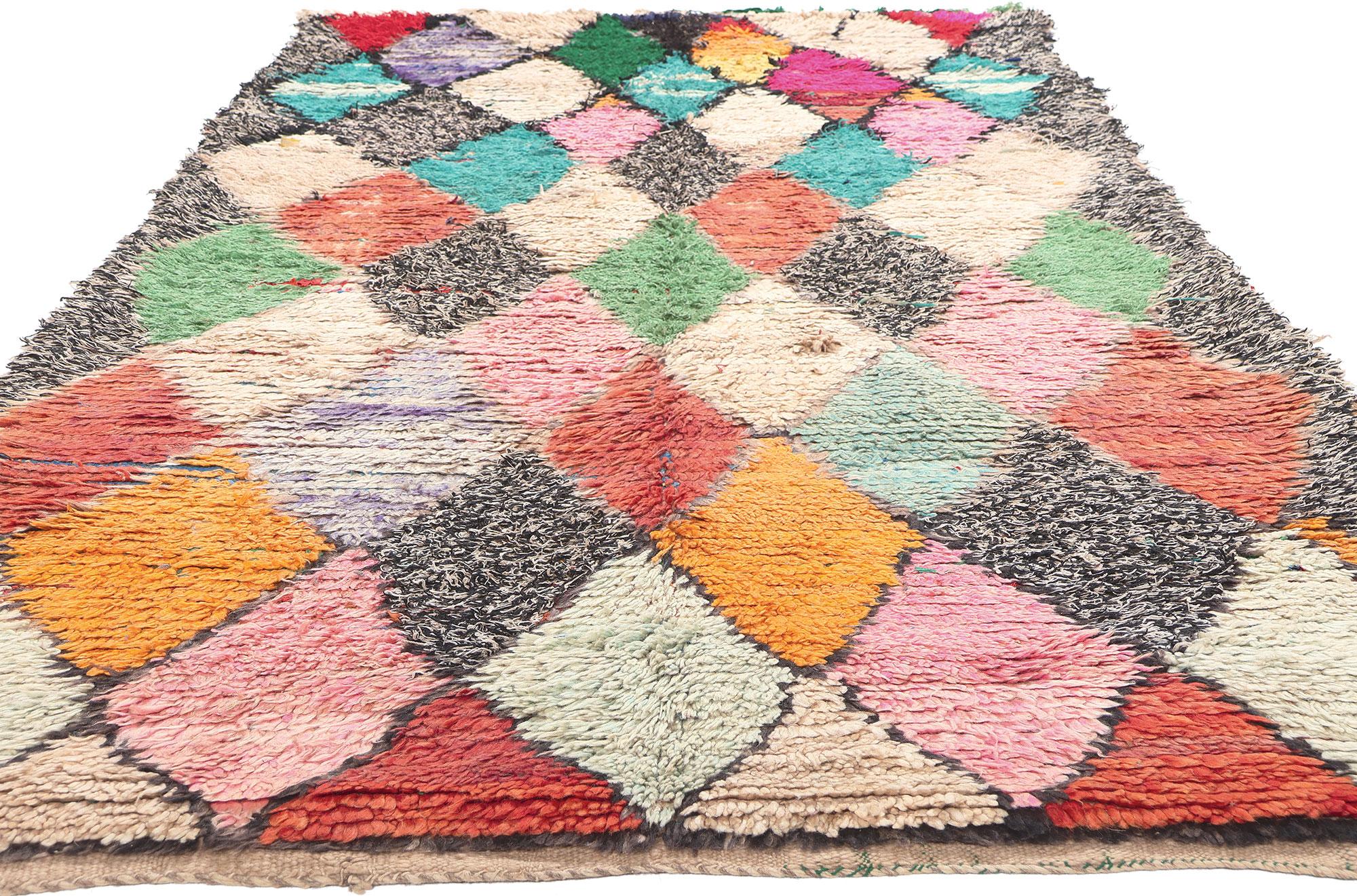Hand-Knotted Vintage Boucherouite Moroccan Rug, Tribal Enchantment Meets Sustainable Design  For Sale