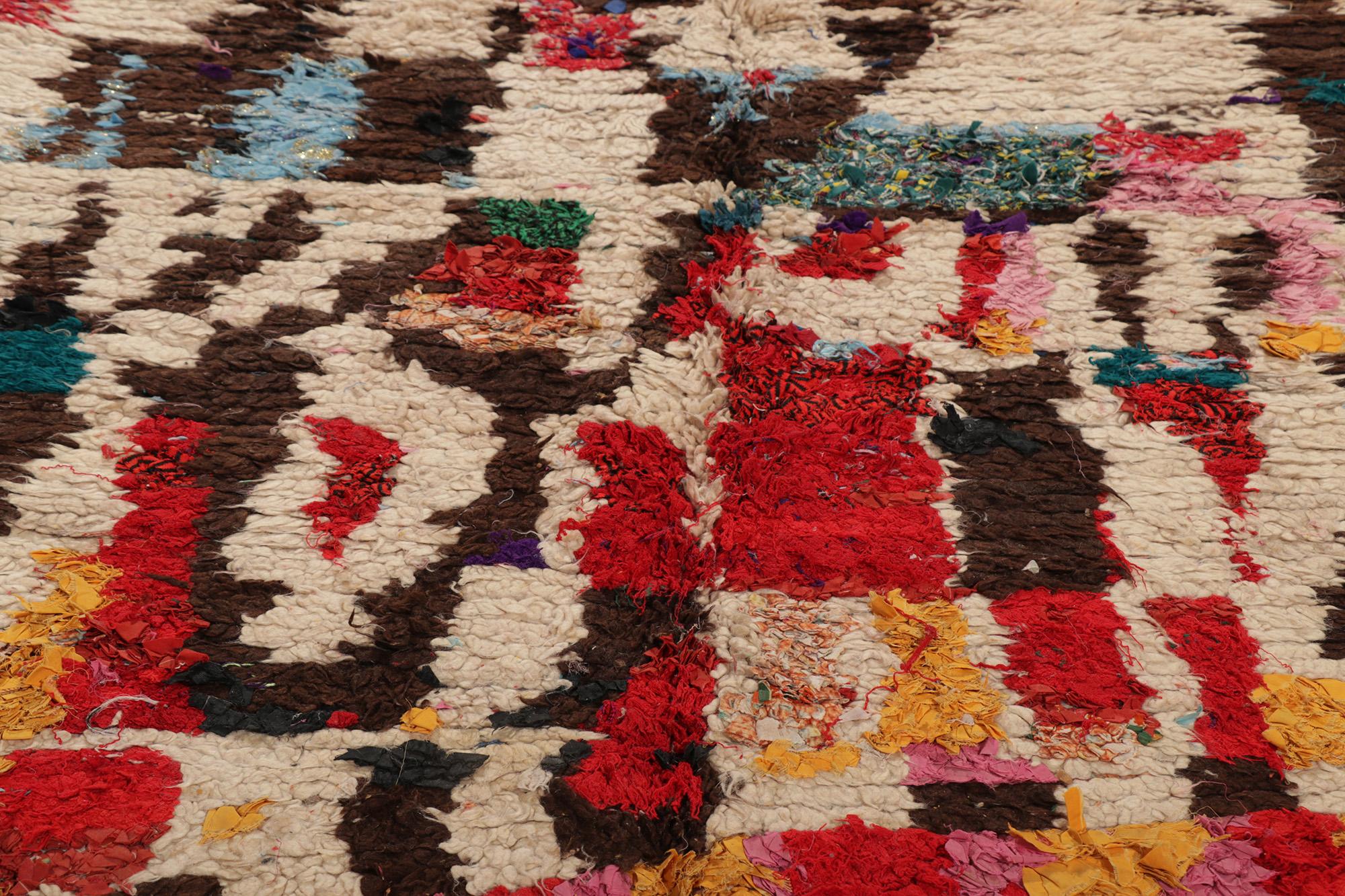 Hand-Knotted Vintage Boucherouite Talsint Moroccan Rag Rug, Cubism Meets Cozy Nomad For Sale