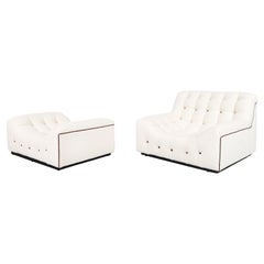 Sillón Vintage de Boucle y Piel con Otomana Atribuido a Milo Baughman