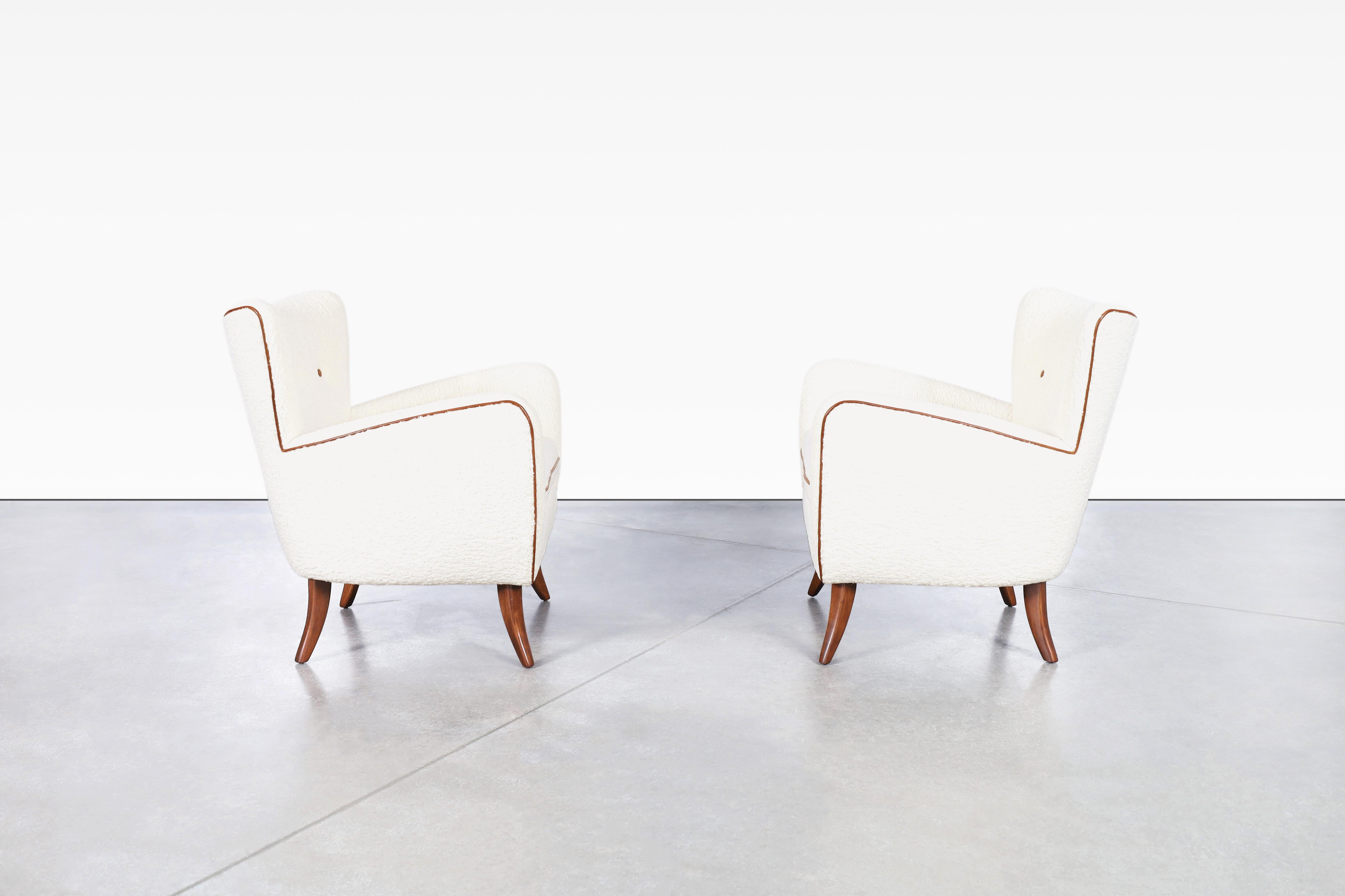 Mid-Century Modern Vintage Boucle and Walnut Lounge Chairs by Ernst Schwadron For Sale